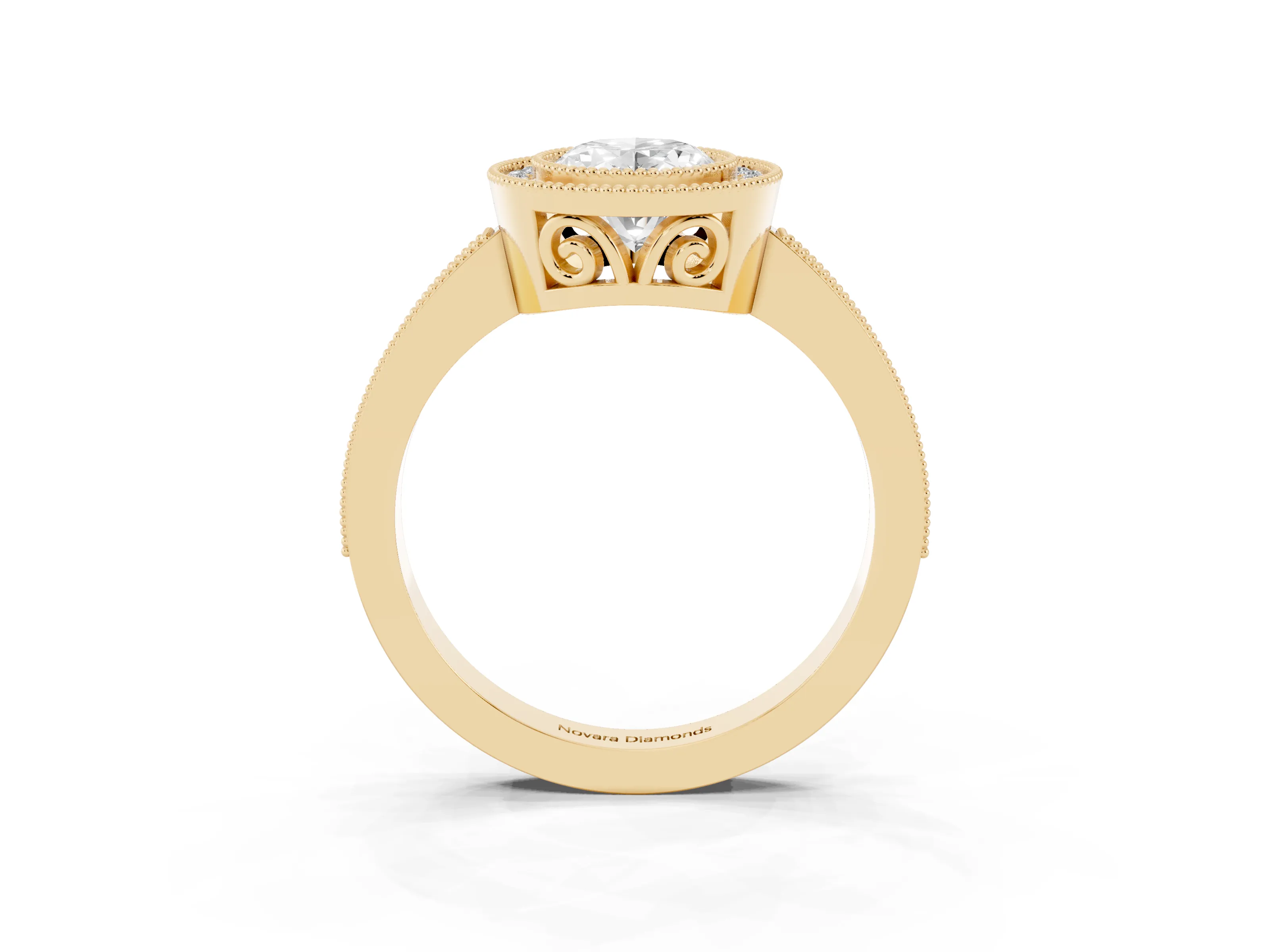 Oval Cut Diamond Halo Ring Set in Yellow gold with Pavé Band and Milgrain-Edged Prongs