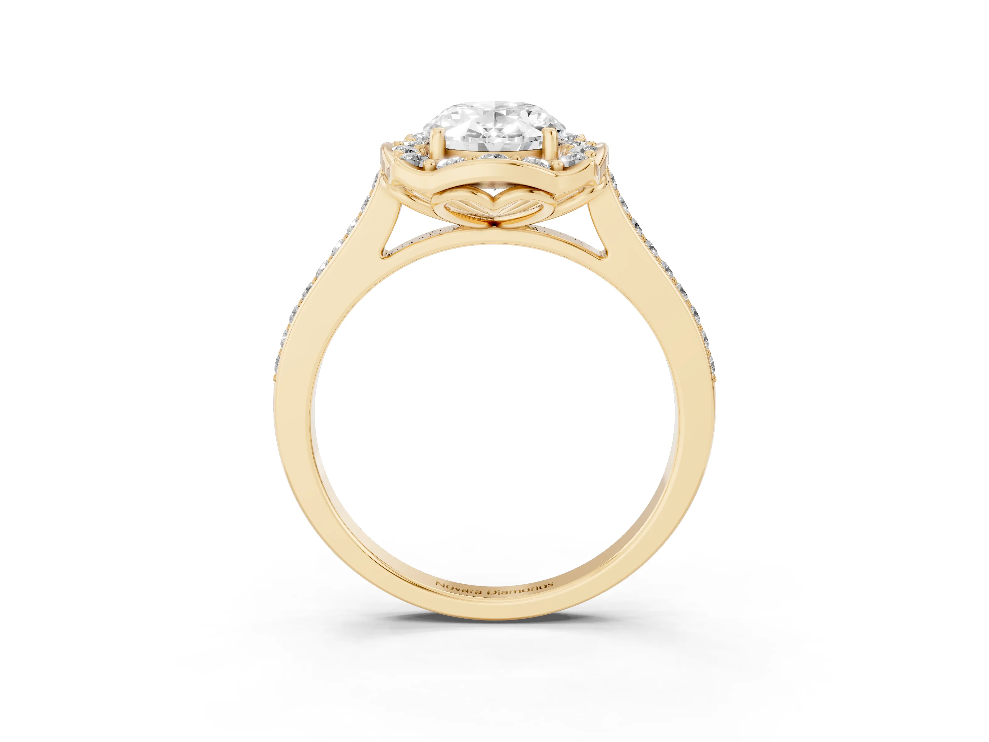 Oval Cut Diamond Halo Ring Set in Yellow gold with Pavé-Lined Shoulders and Prong Setting