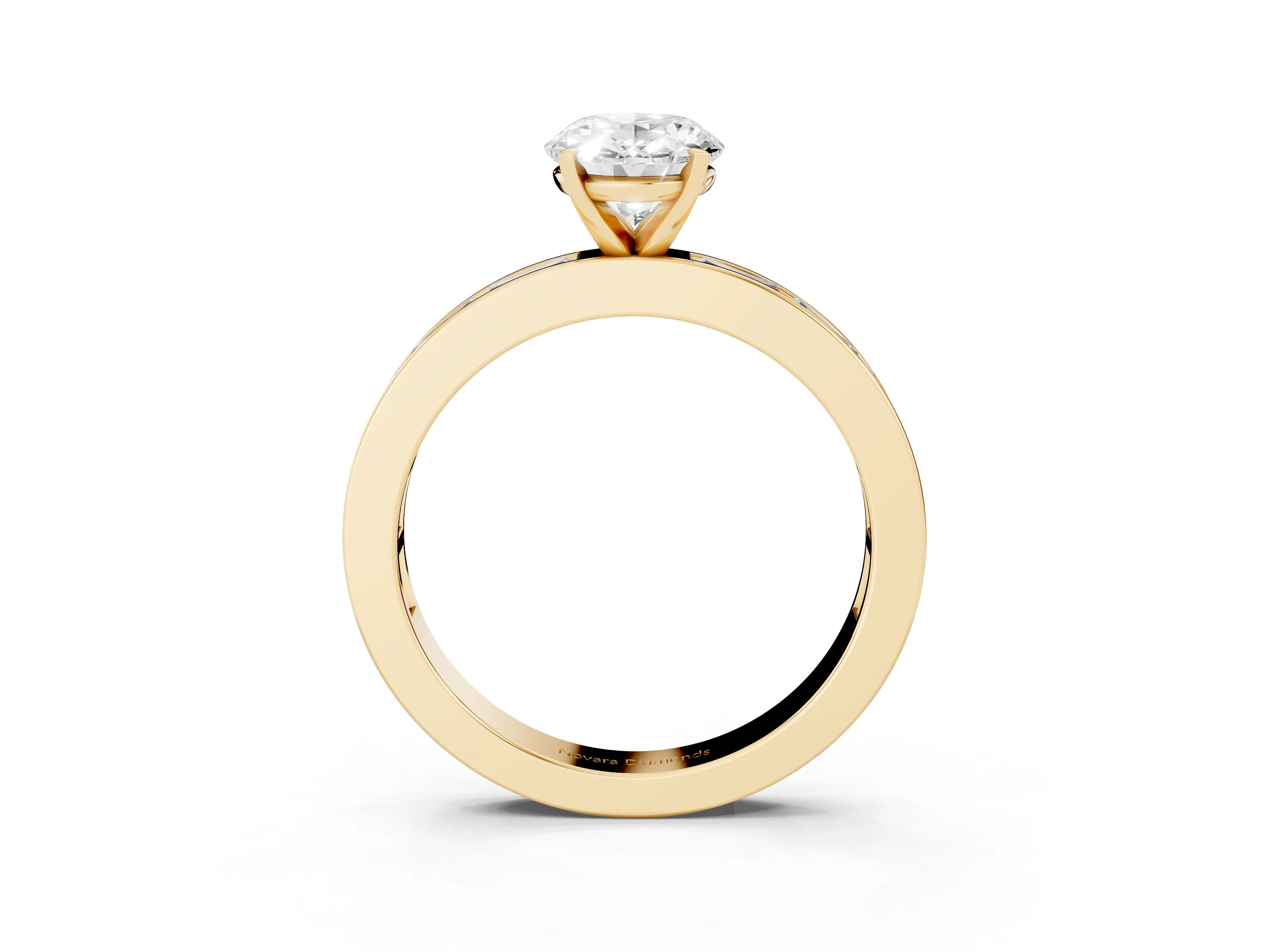 Oval Cut Diamond Solitaire Ring Set in Yellow gold with Channel-Set Baguette Band and Prong Setting