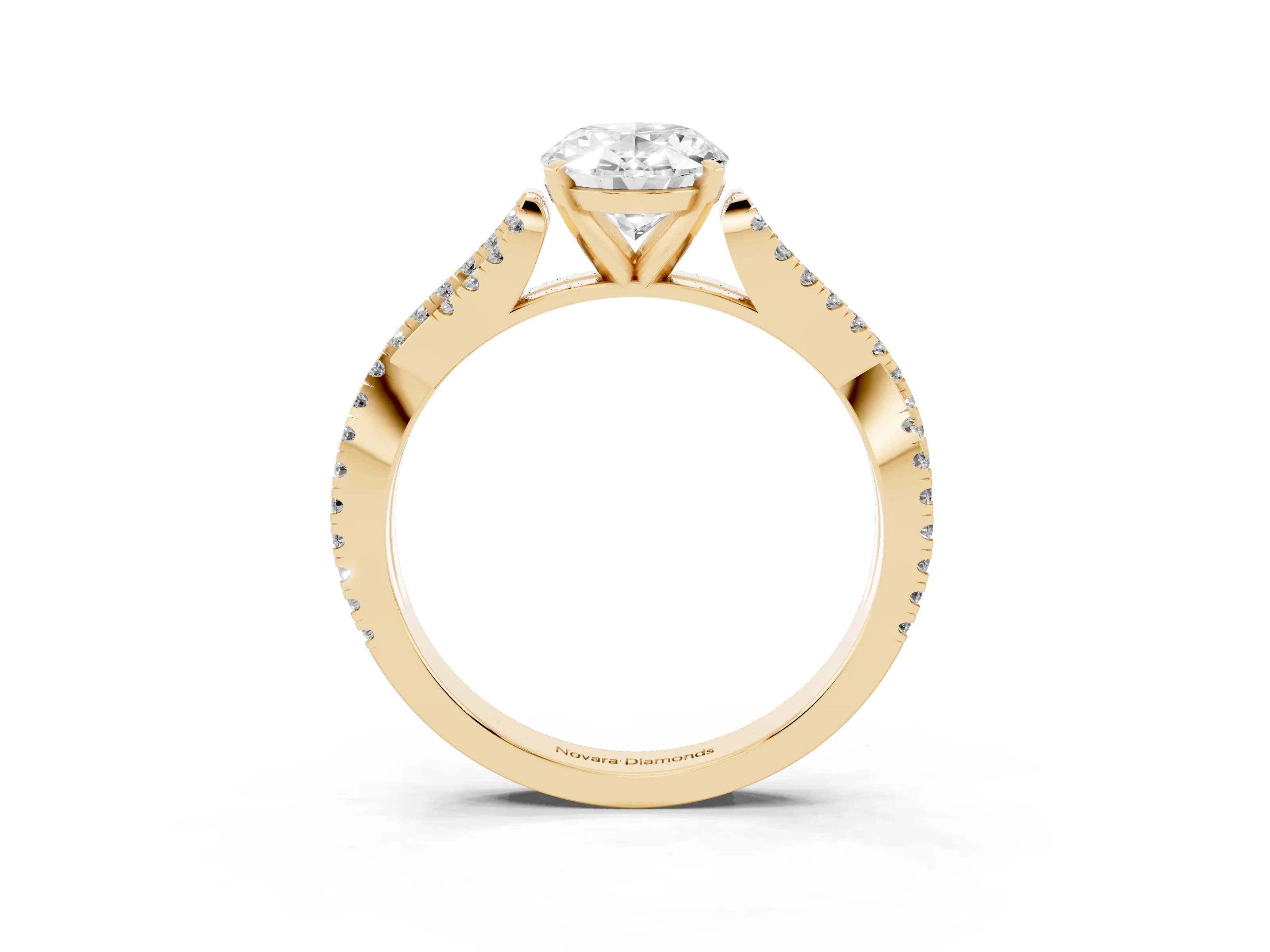 Oval Cut Diamond Solitaire Engagement Ring Set in Yellow gold with Twisted Pavé Band and Prong Setting