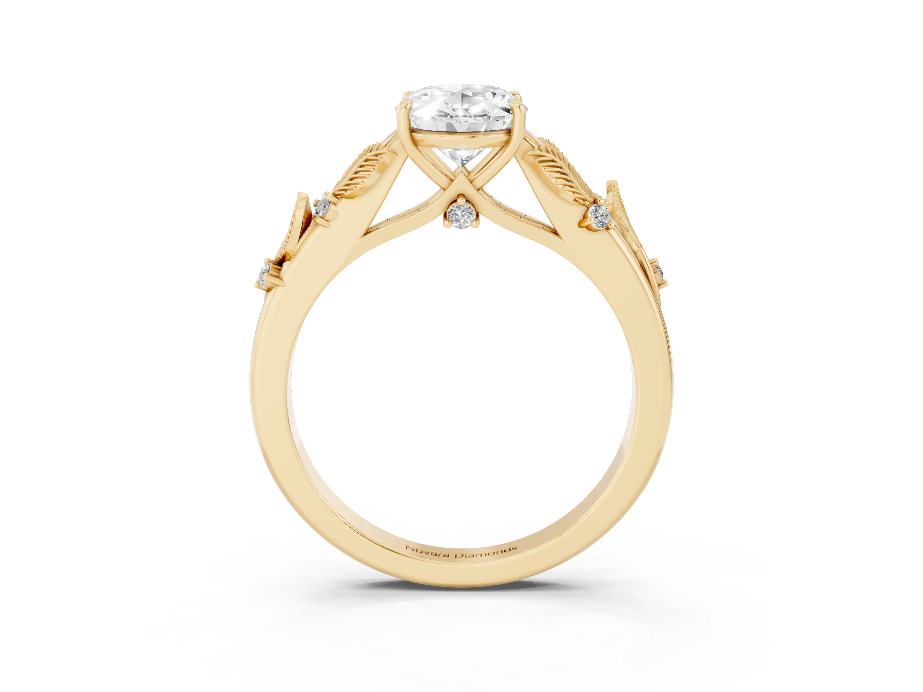 Oval Cut Diamond Solitaire Ring Set in Yellow gold with Leaf Motif Band