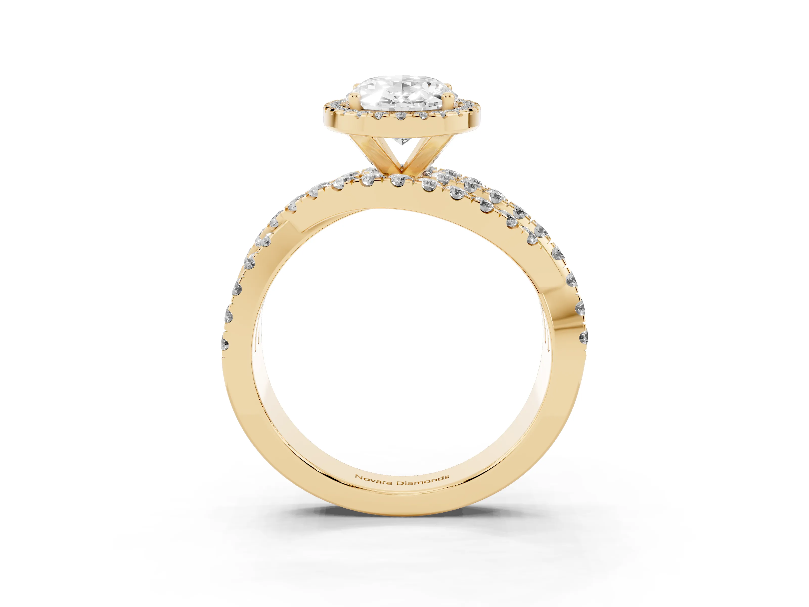Oval Cut Diamond Halo Ring Set in Yellow gold with Round Crossover Split Shank and Prong Setting