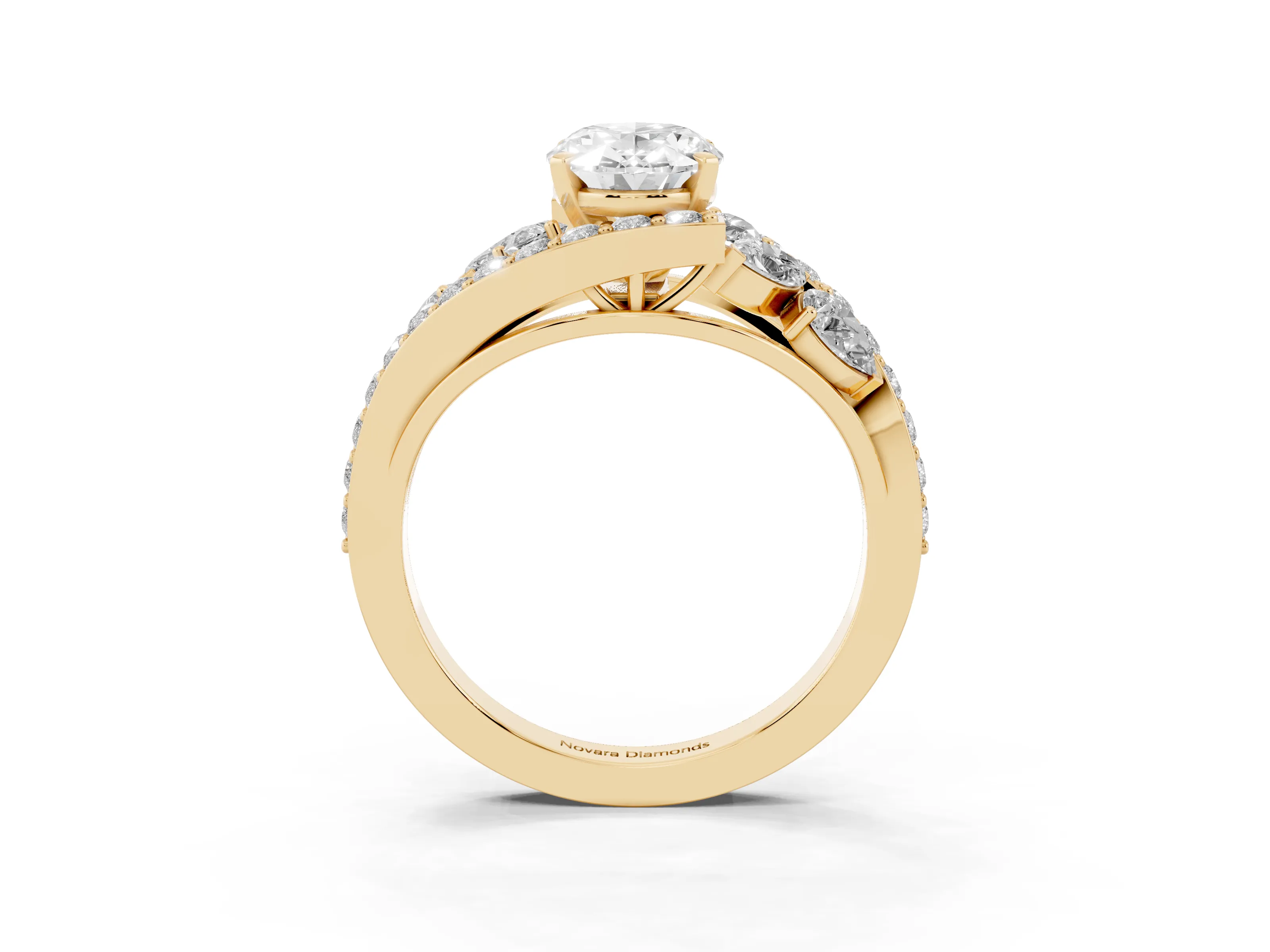Oval Cut Diamond Halo Ring Set in Yellow gold with Marquise and Pavé Band in Prong Setting