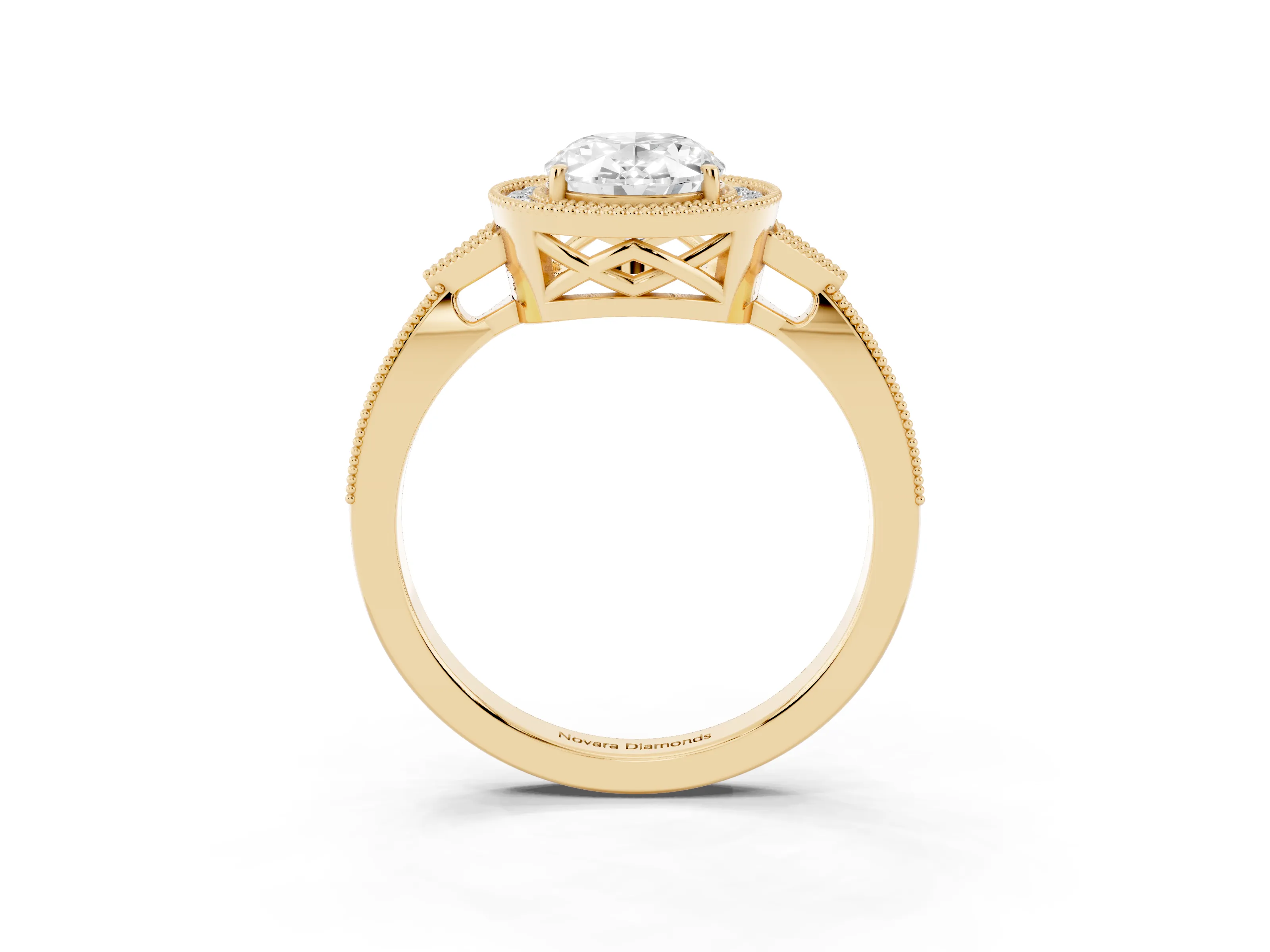 Oval Cut Diamond Halo Engagement Ring Set in Yellow gold with Milgrain Pavé Band