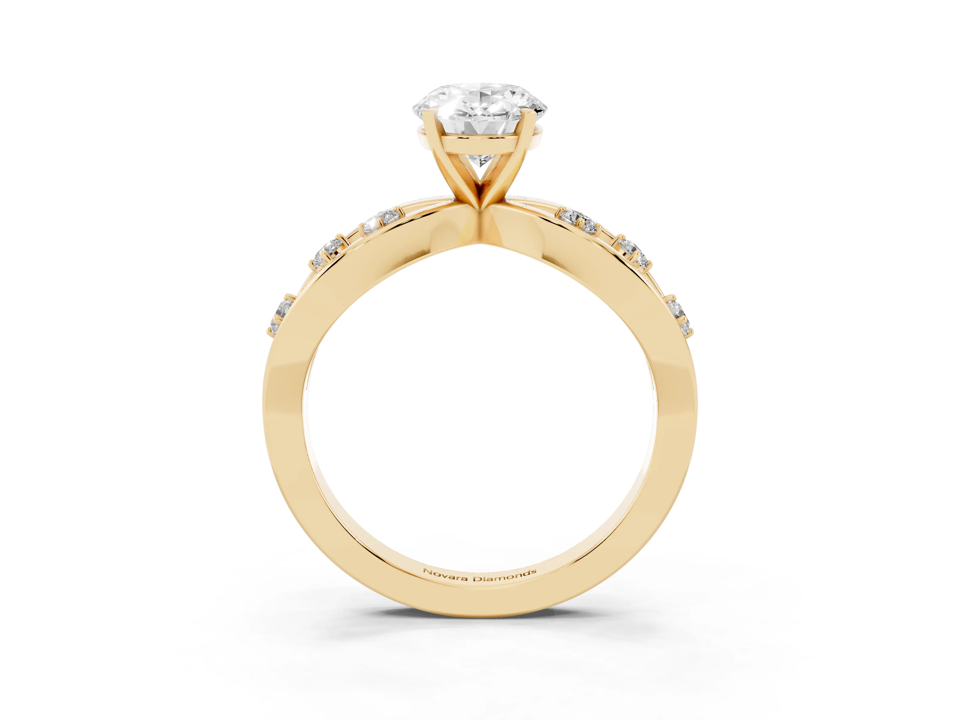 Oval Cut Diamond Solitaire Ring Set in Yellow gold with Side Stones on Criss-Cross Band and Prong Setting