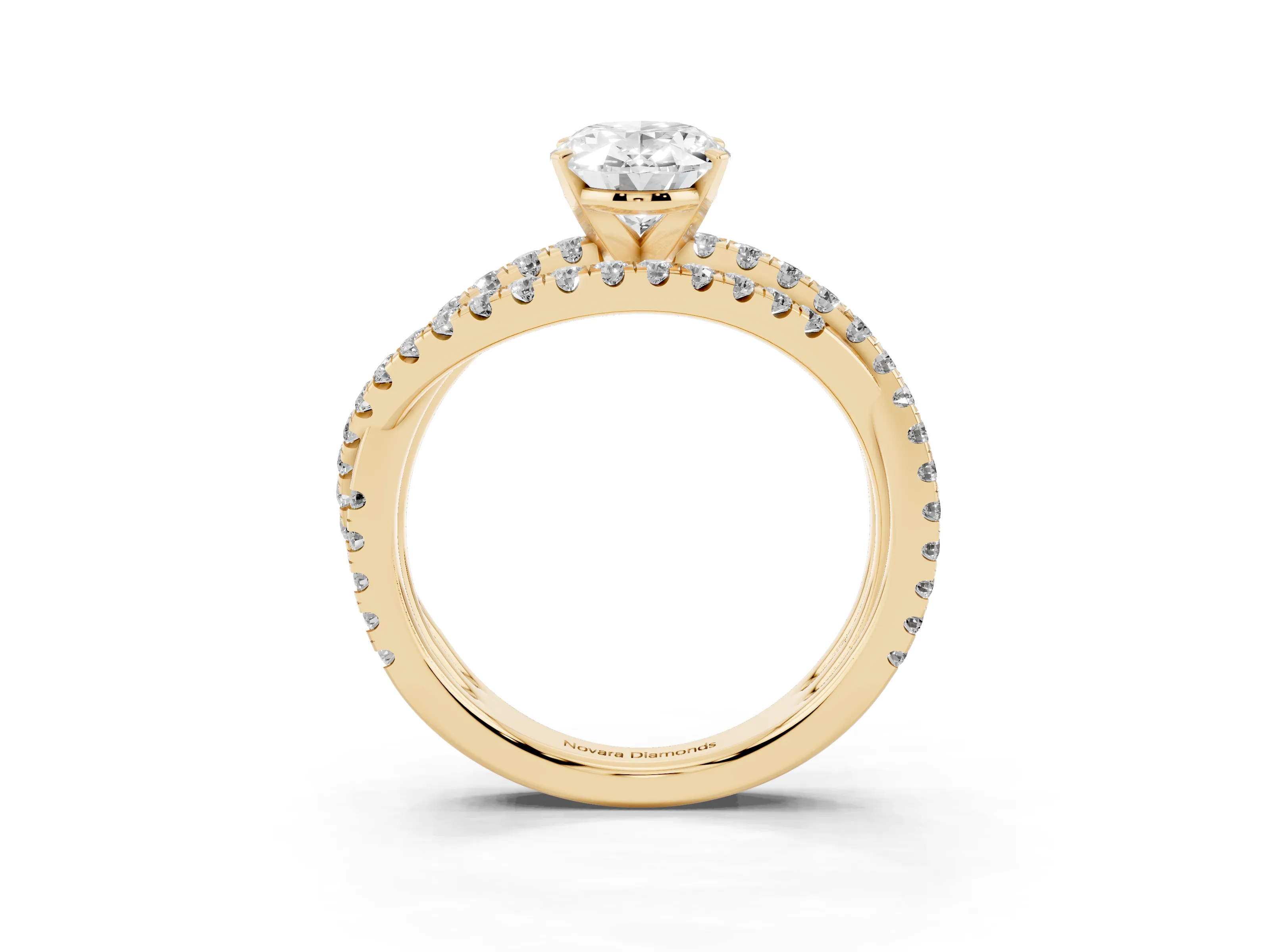 Oval Cut Diamond Solitaire Twist Band Ring Set in Yellow gold with Pavé Setting and Prong Head