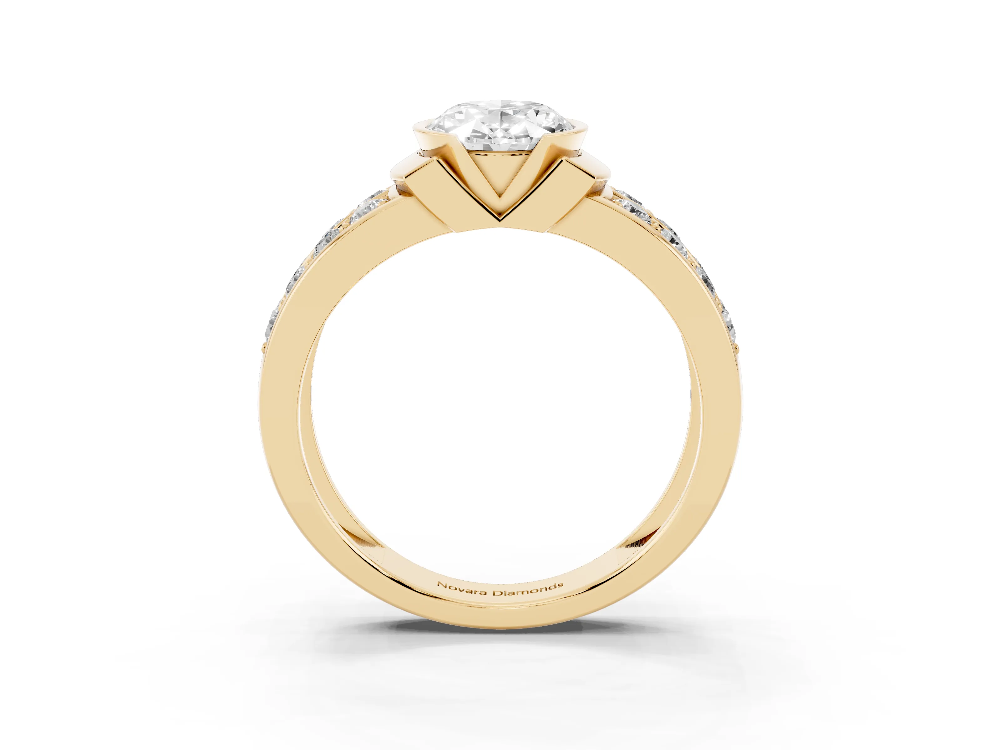 Oval Cut Diamond Wide Channel Set Band Ring Set in Yellow gold with Bezel Setting