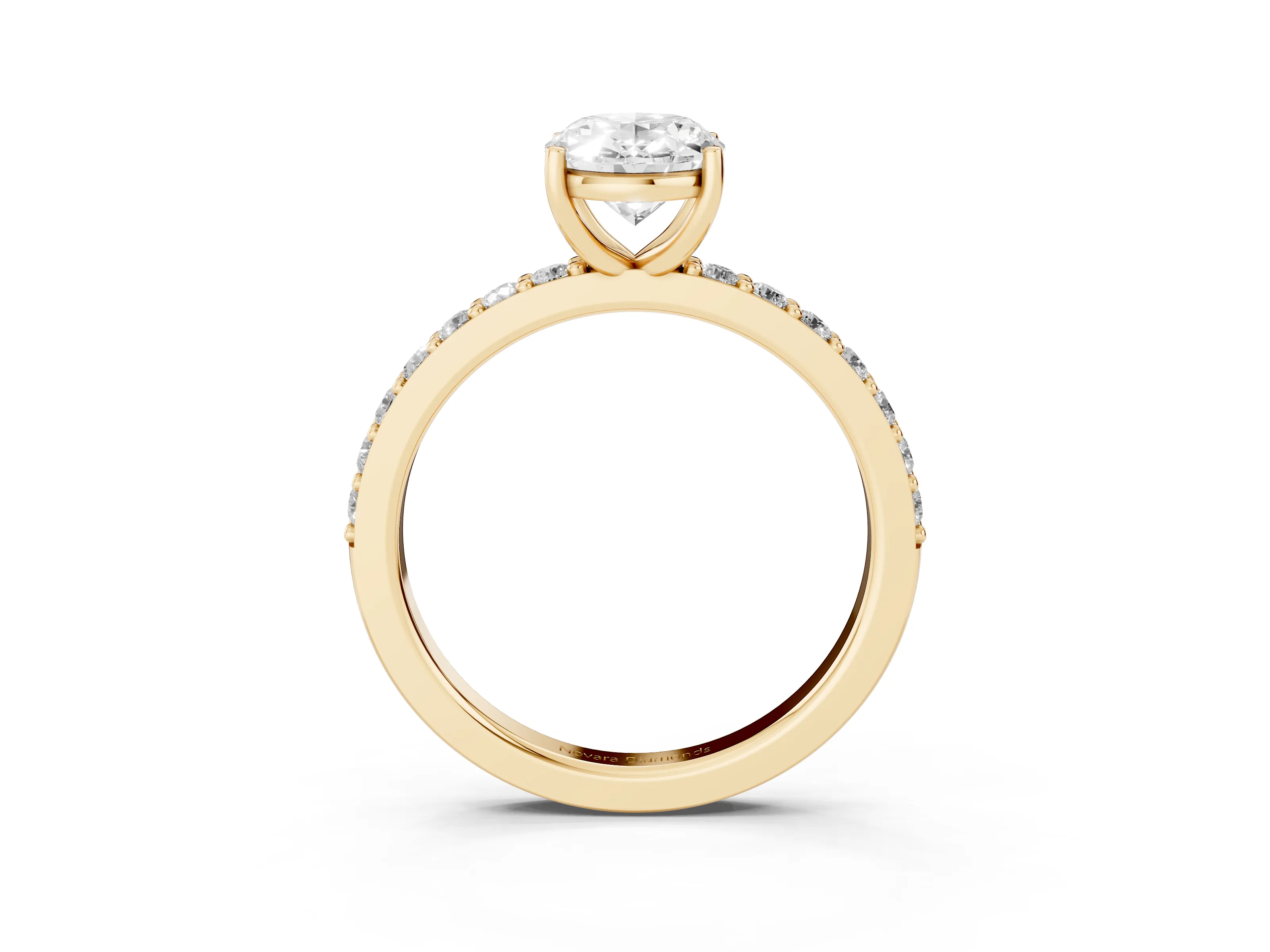 Oval Cut Diamond Solitaire Set in Yellow gold with Round Pavé Band and Prong Setting
