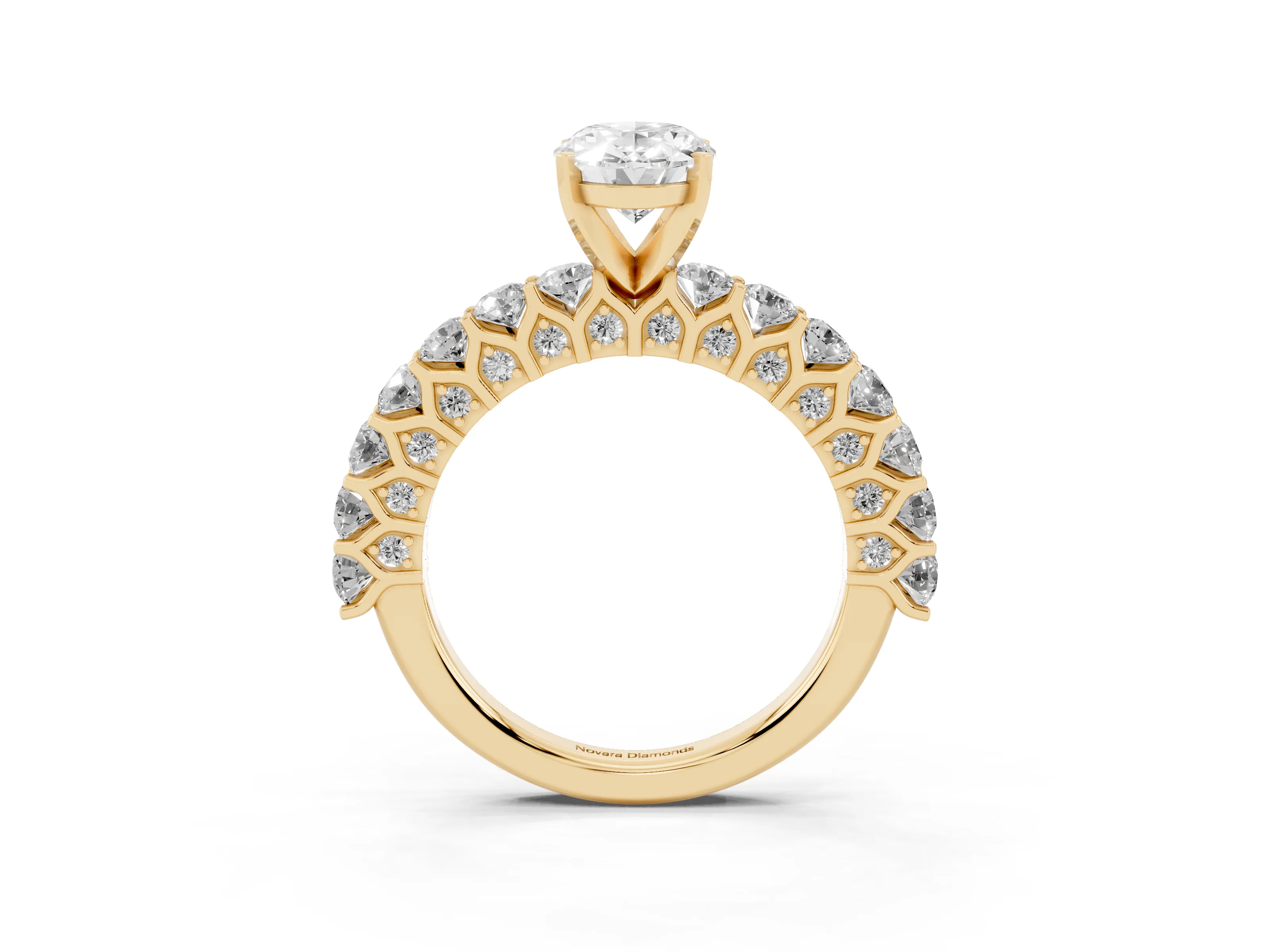 Oval Cut Diamond Solitaire Ring Set in Yellow gold with Shared Prong Pavé Band
