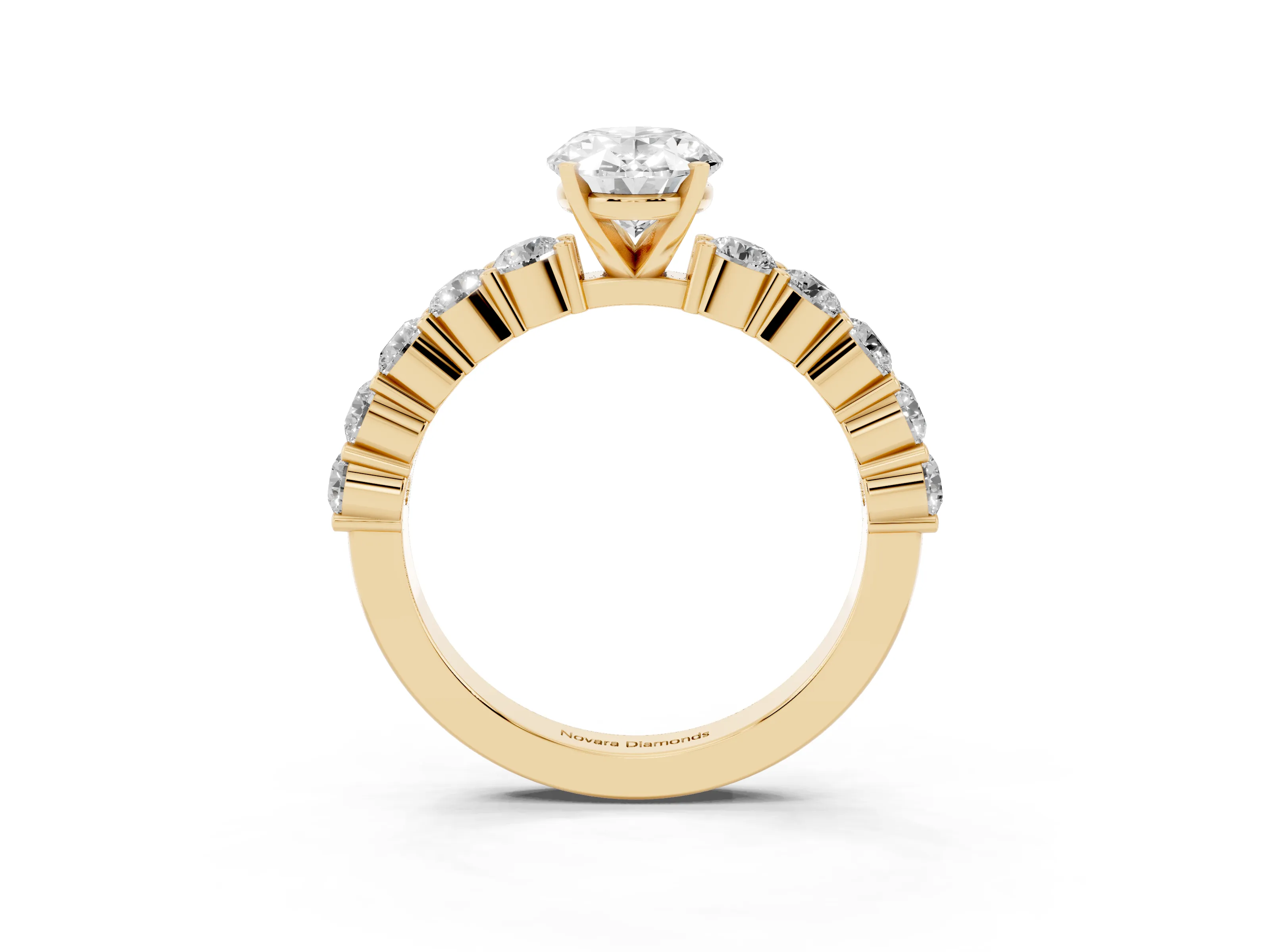 Oval Cut Diamond Solitaire Ring Set in Yellow gold with Shared Prong Round Side Stones