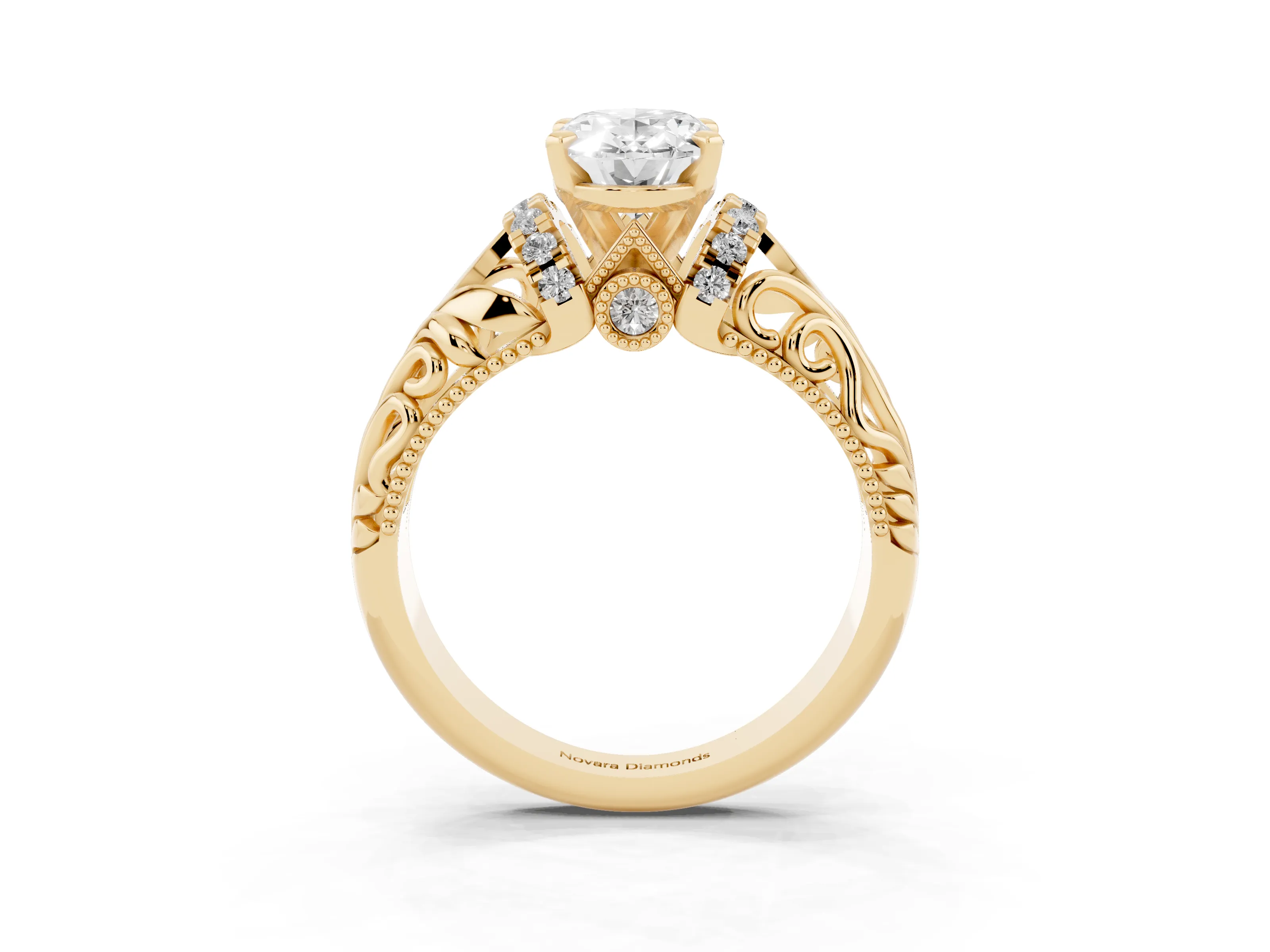 Oval Cut Diamond Filigree Halo Engagement Ring Set in Yellow gold with Prong Setting