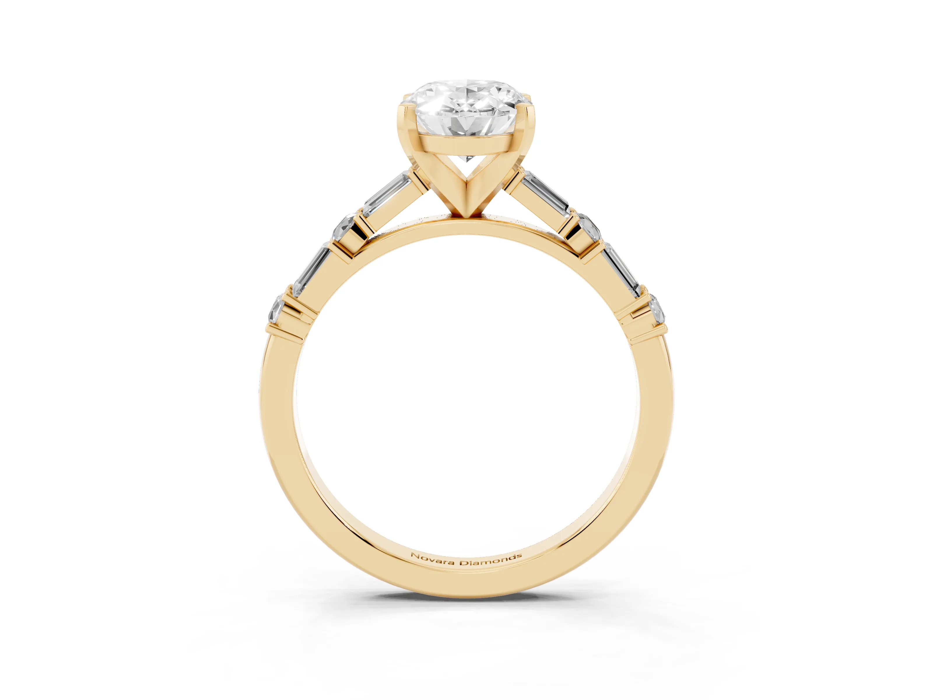 Oval Cut Diamond Solitaire Set in Yellow gold with Side Baguettes and Channel Set Band