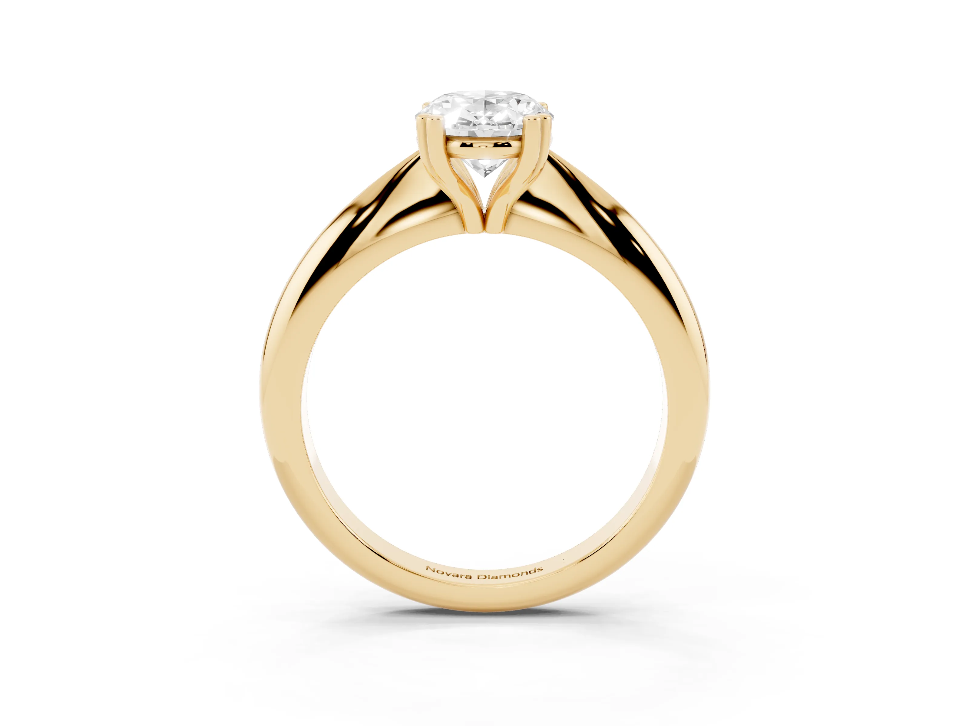 Oval Cut Diamond Solitaire Engagement Ring Set in Yellow gold with Tapered Band and Prong Setting