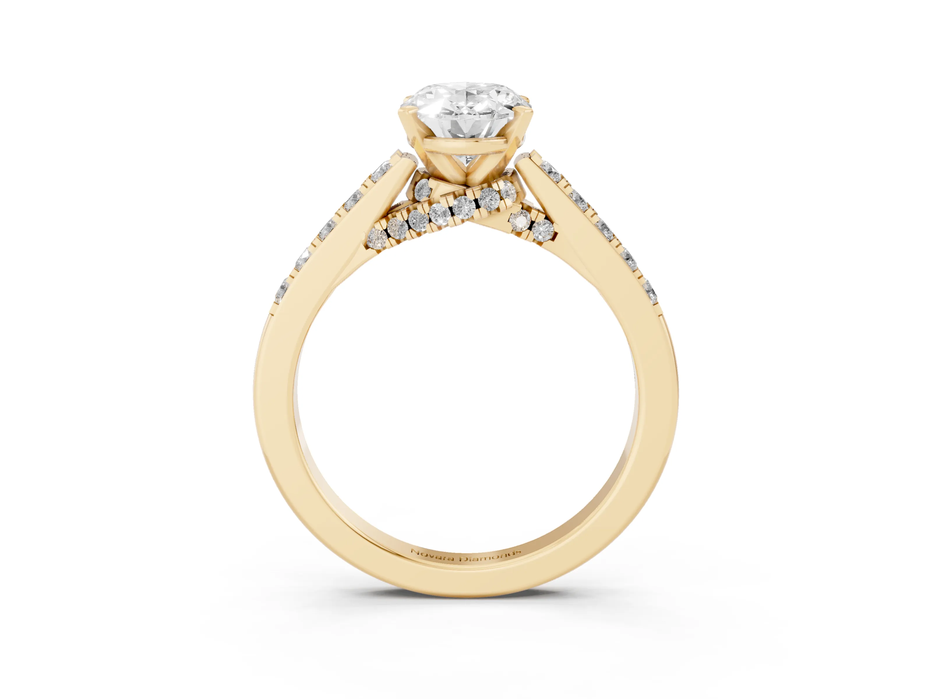 Oval Cut Diamond Solitaire Ring Set in Yellow gold with Crossover Gallery and Round Pavé Band