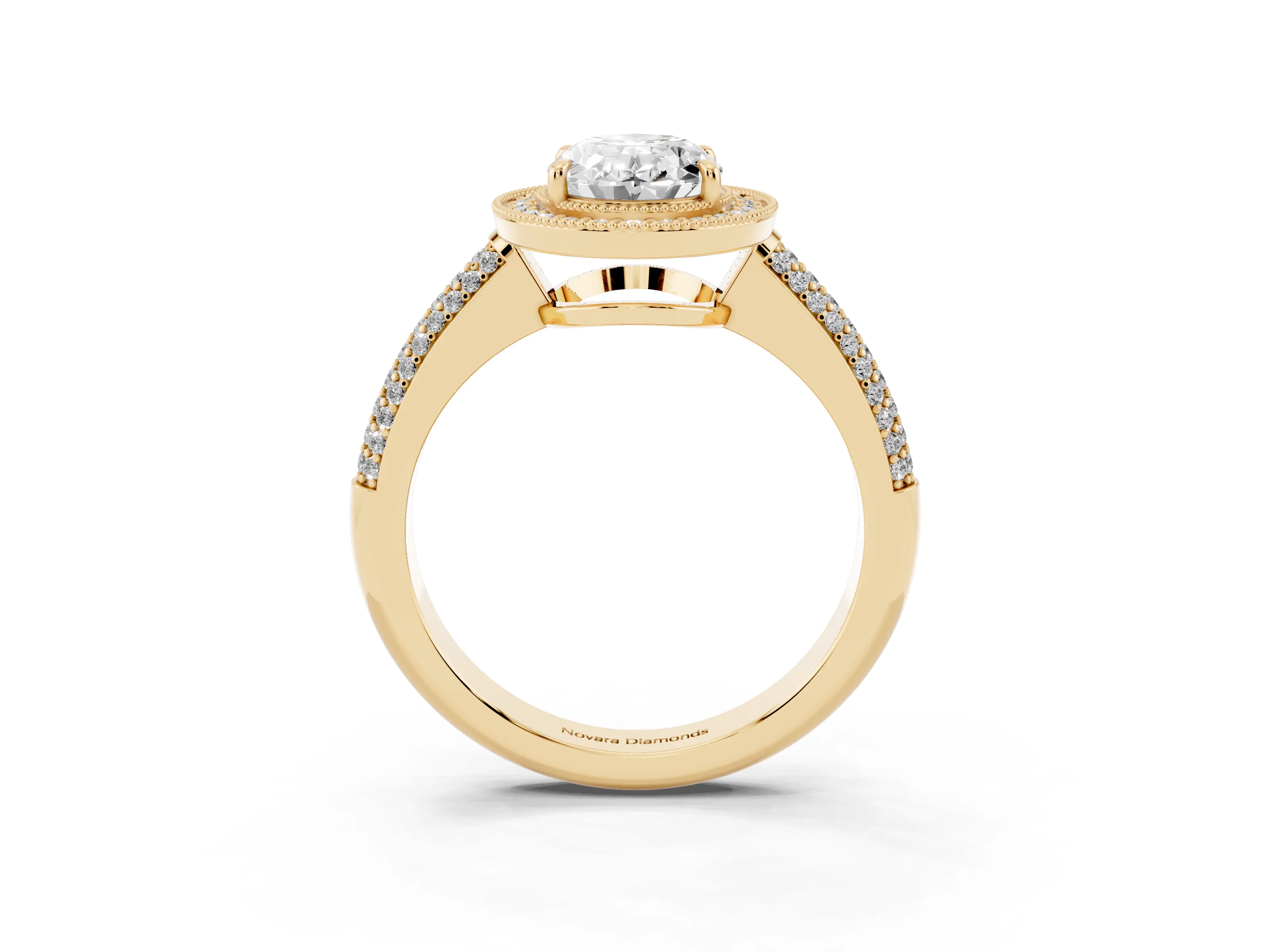 Oval Cut Diamond Halo Pavé Band Set in Yellow gold with Prong Setting