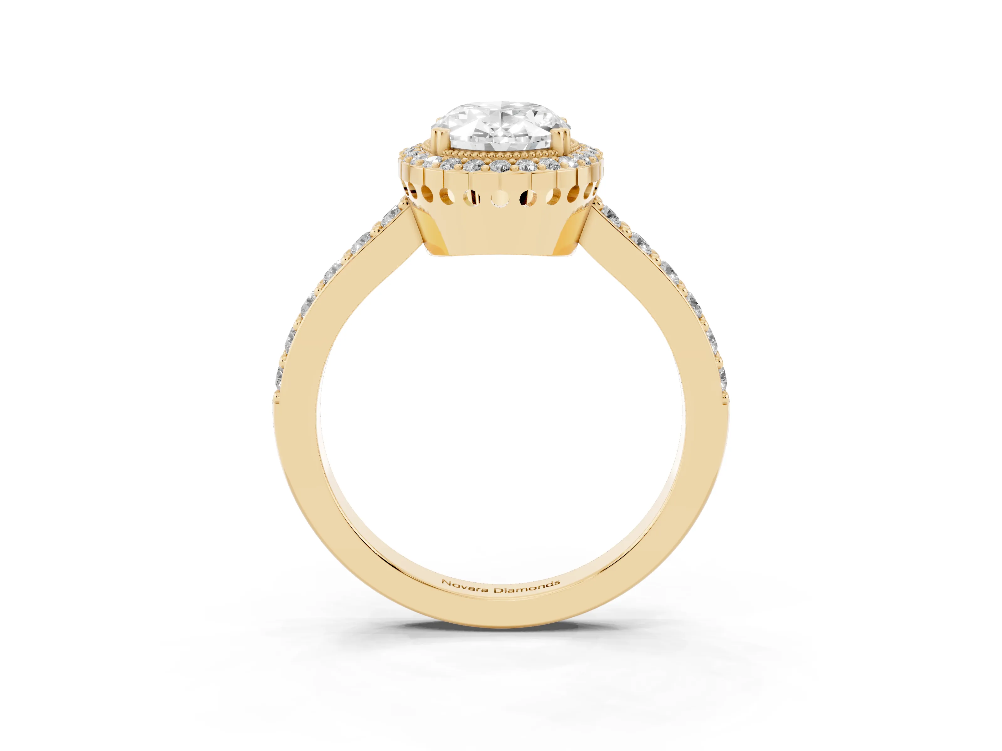 Oval Cut Diamond Halo Engagement Ring Set in Yellow gold with Milgrain Detail and Pavé Band