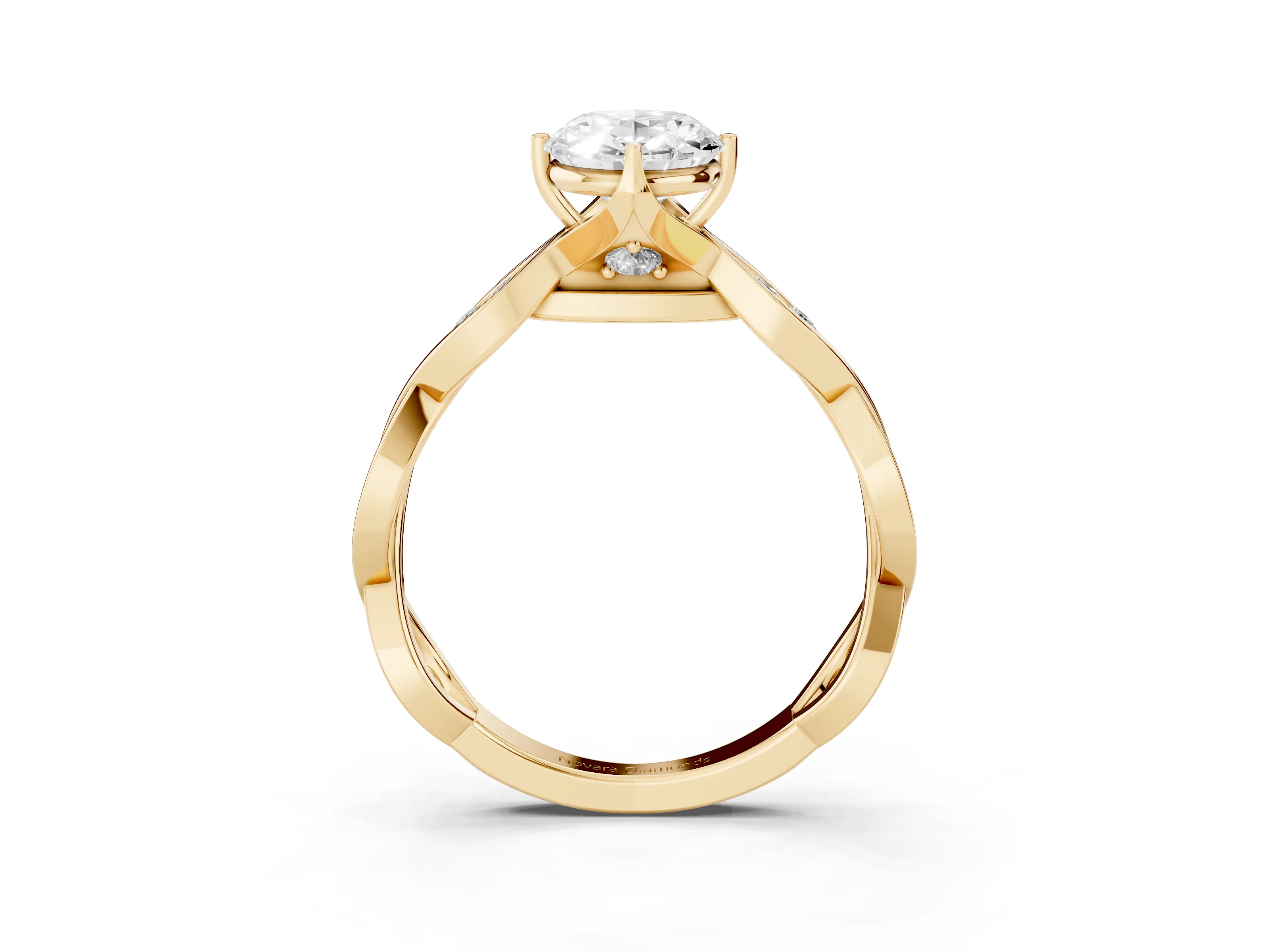 Oval Cut Diamond Twist Band Solitaire Ring Set in Yellow gold with Leaf Prong Setting and Accent Stones