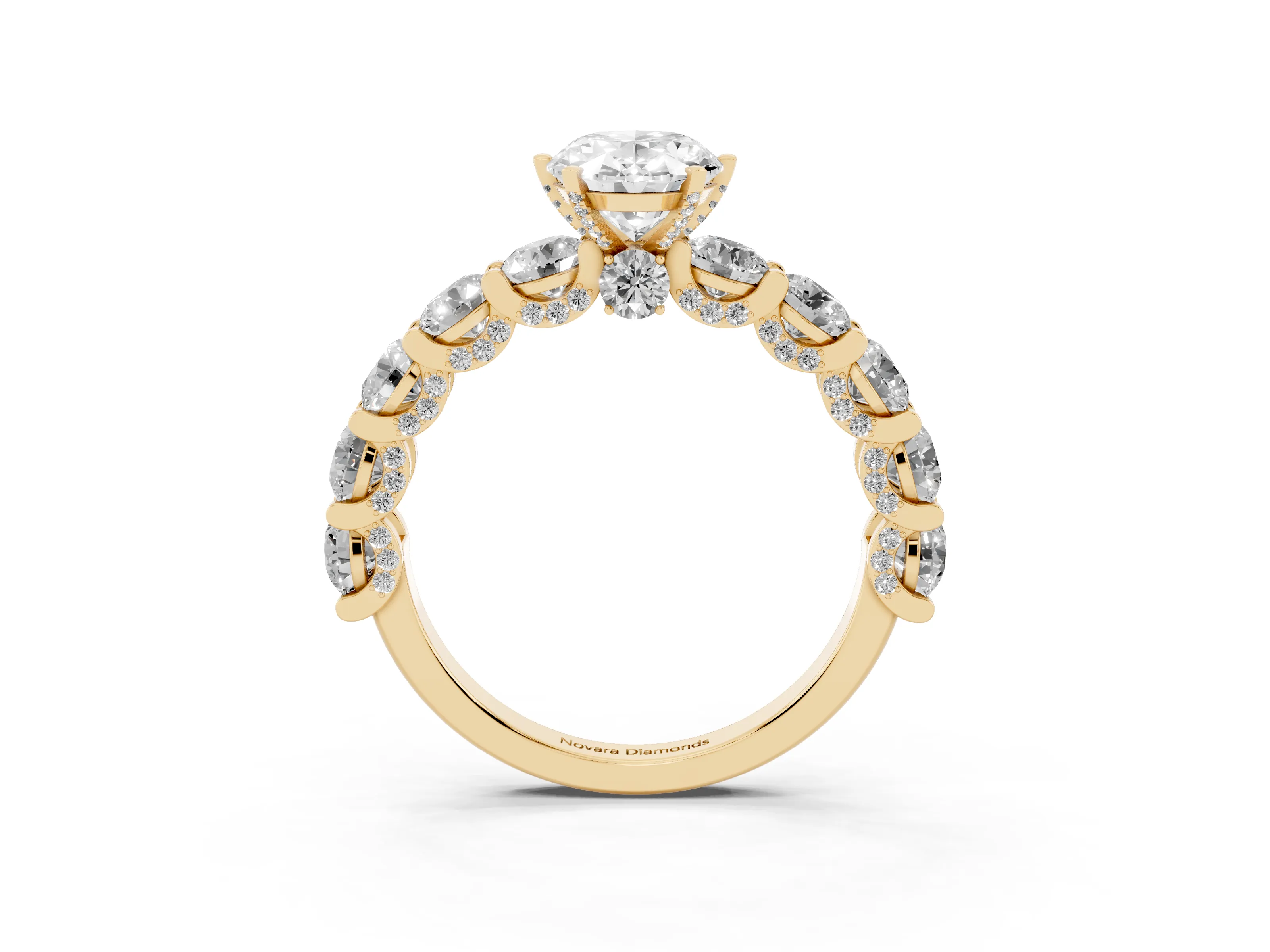Oval Cut Diamond Side Stone Ring Set in Yellow gold with Alternating Round and Oval Side Stones