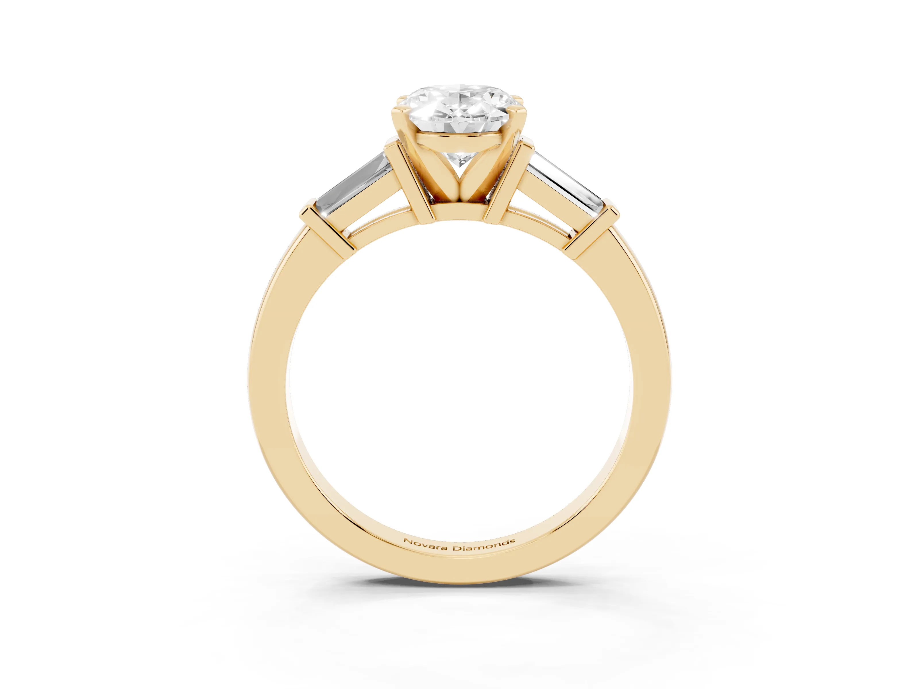Oval Cut Diamond Solitaire Ring Set in Yellow gold with Tapered Baguette Accents and Prong Setting