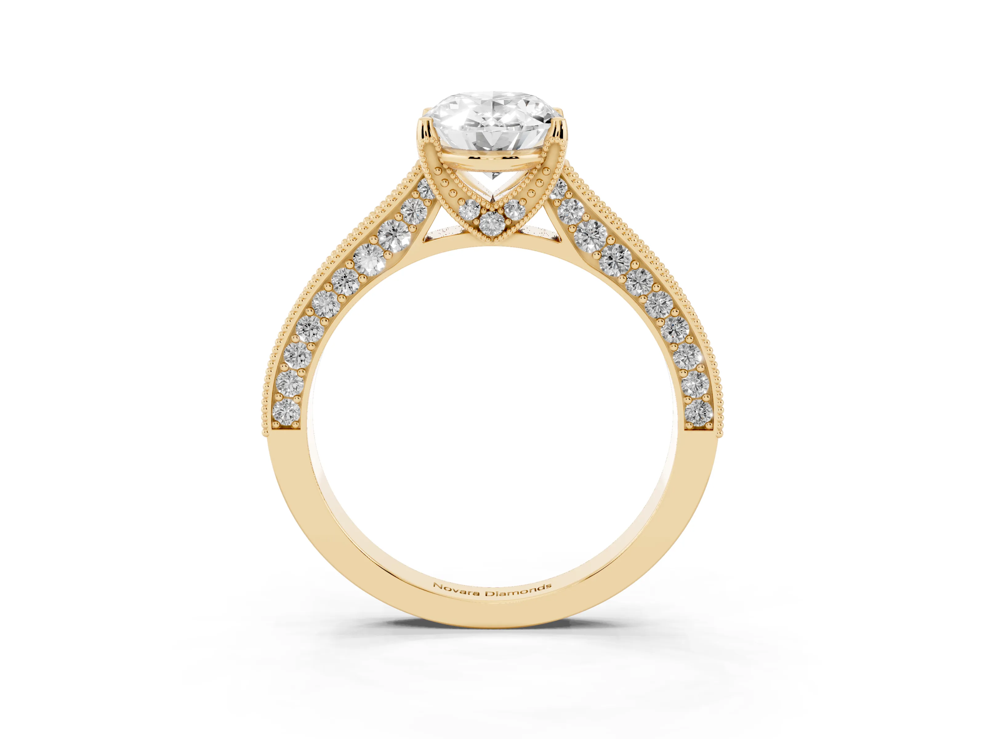 Oval Cut Diamond Solitaire Ring Set in Yellow gold with Milgrain-Edged Pavé Band and Prong Setting