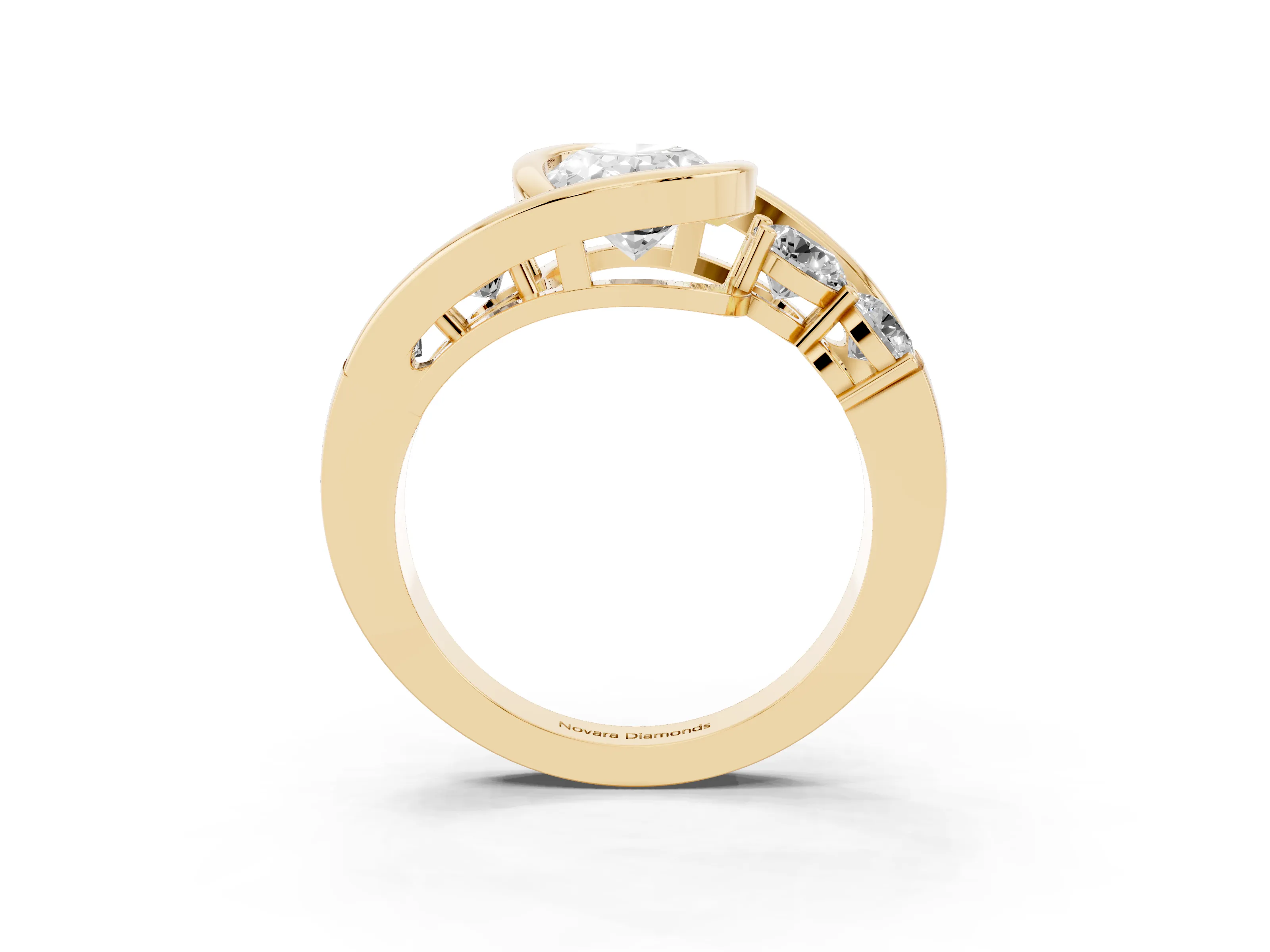 Oval Cut Diamond Bezel Bypass Ring Set in Yellow gold with Round Accents