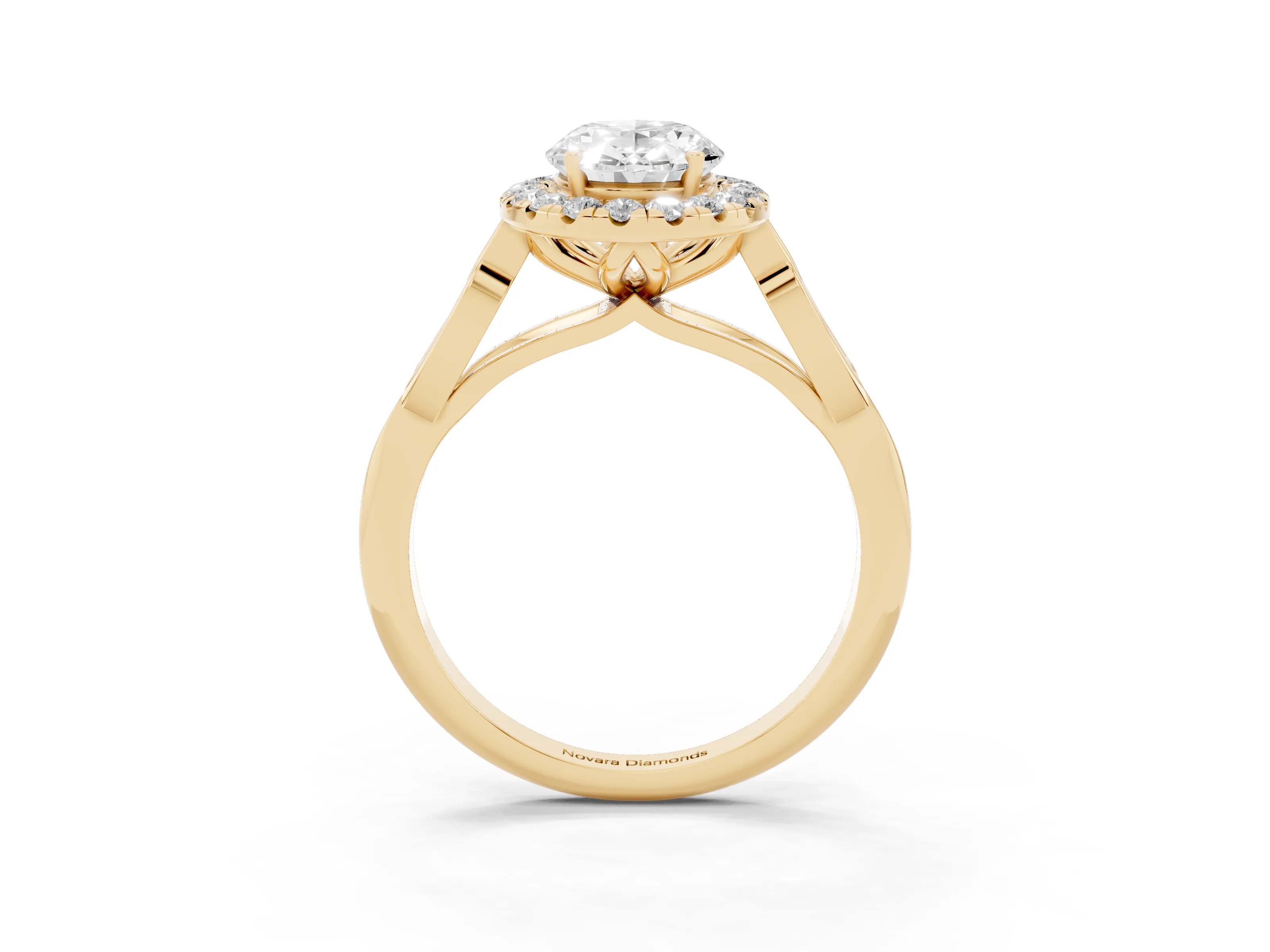 Oval Cut Diamond Halo Engagement Ring Set in Yellow gold with Filigree Band and Prong-Set Center