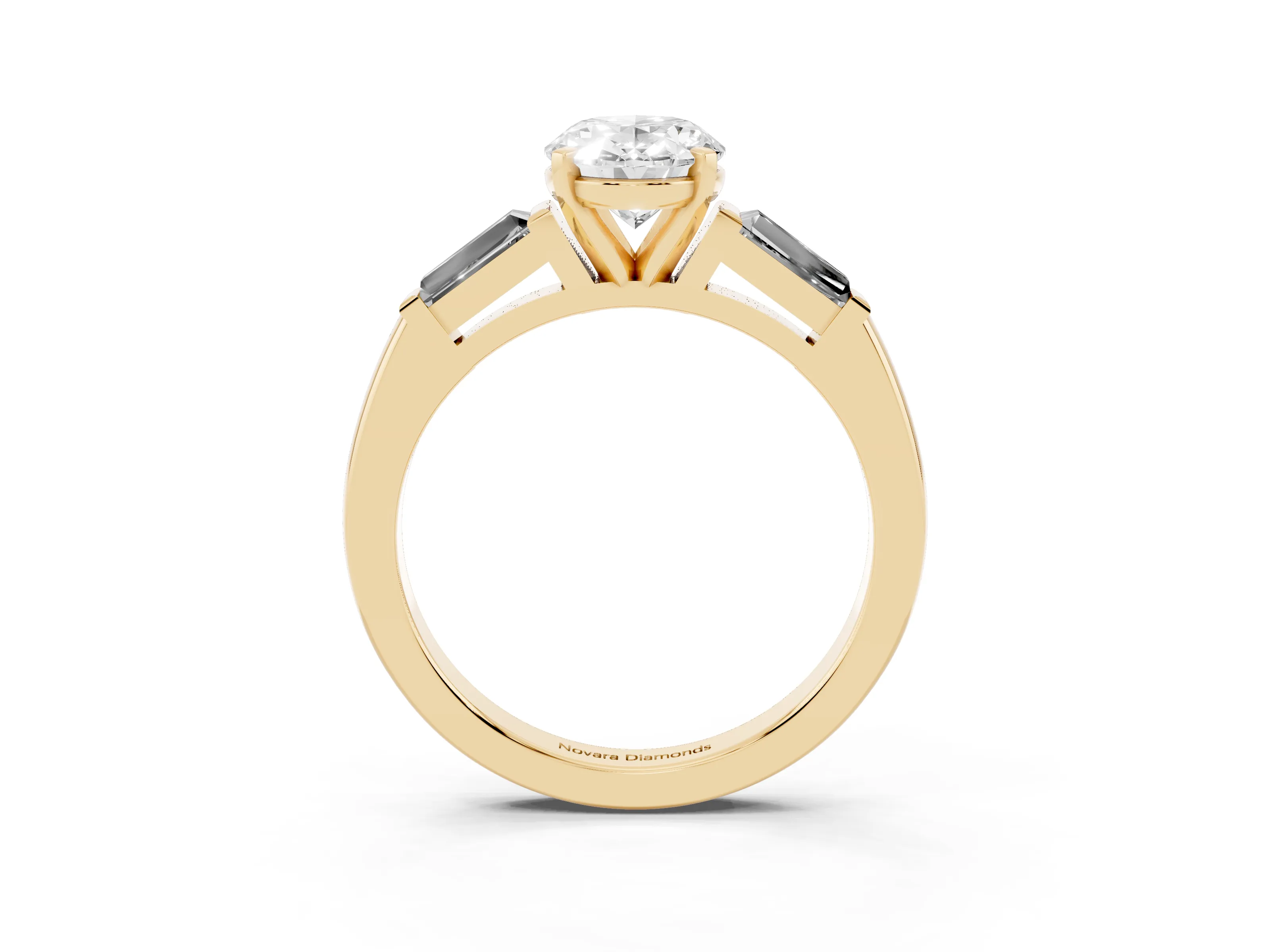 Oval Cut Diamond Solitaire Ring Set in Yellow gold with Tapered Baguette Side Stones and Prong Setting