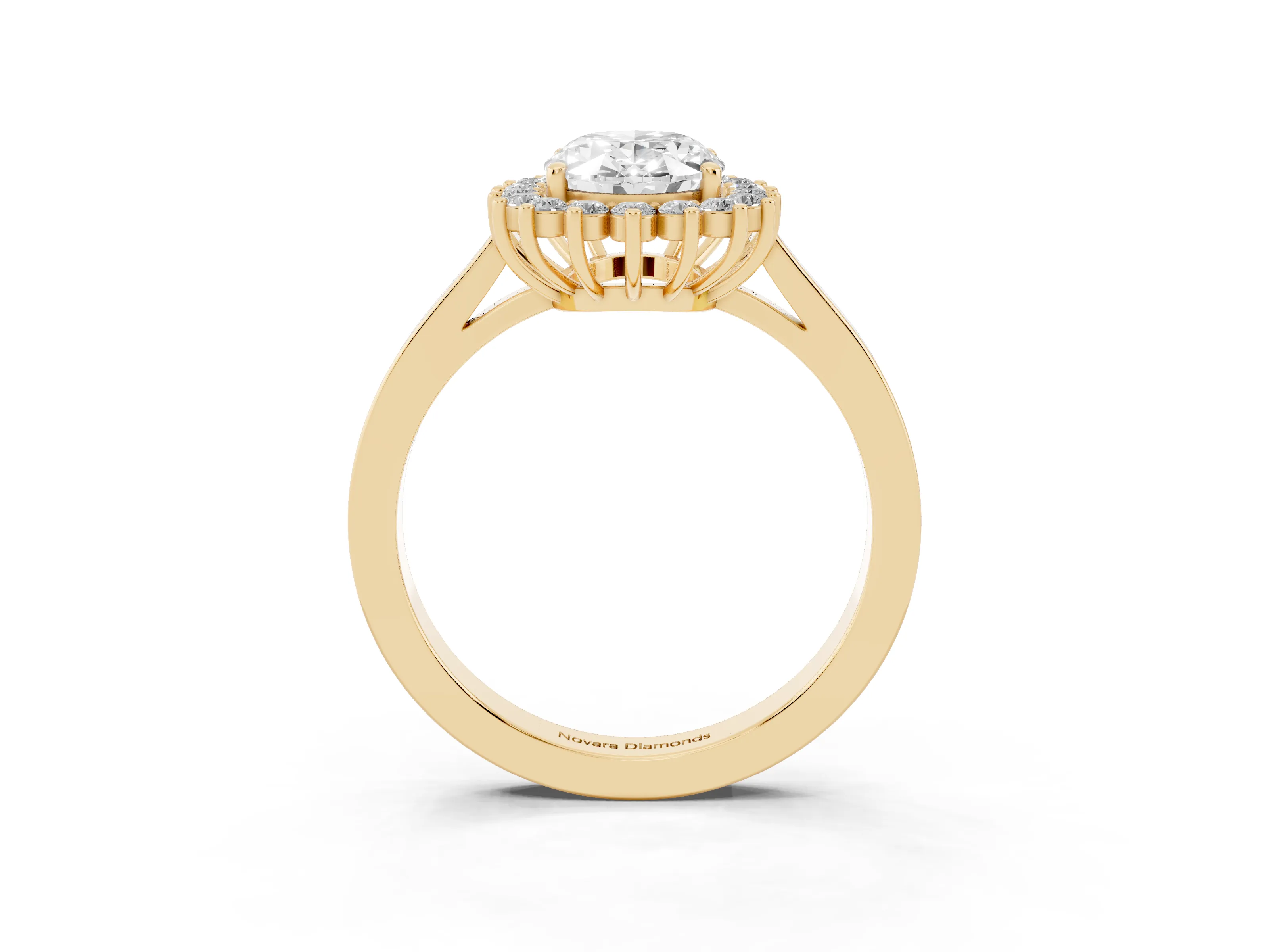 Oval Cut Diamond Halo Ring Set in Yellow gold with Round Halo and Smooth Solitaire Band