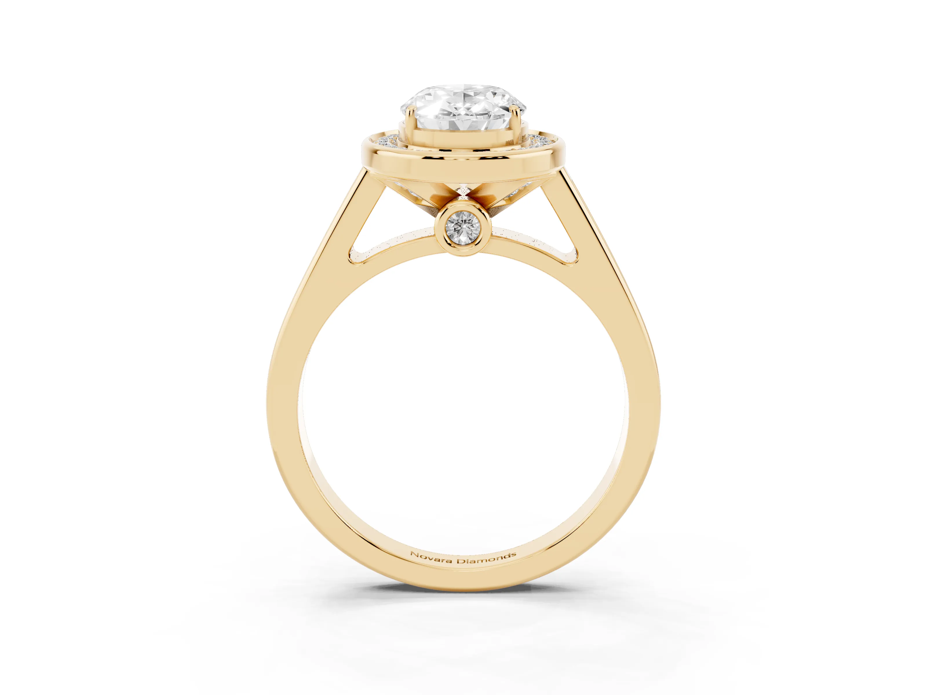 Oval Cut Diamond Halo Solitaire Ring Set in Yellow gold with Pavé Band and Bezel Setting
