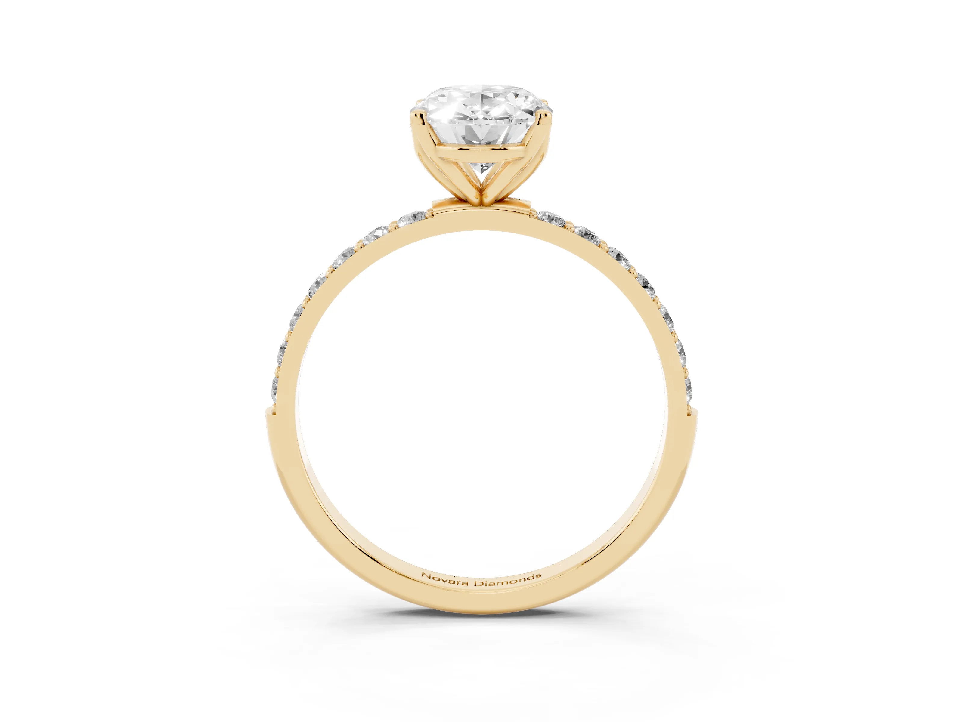 Oval Cut Diamond Solitaire Engagement Ring Set in Yellow gold with Round Pavé Band and Prong Setting