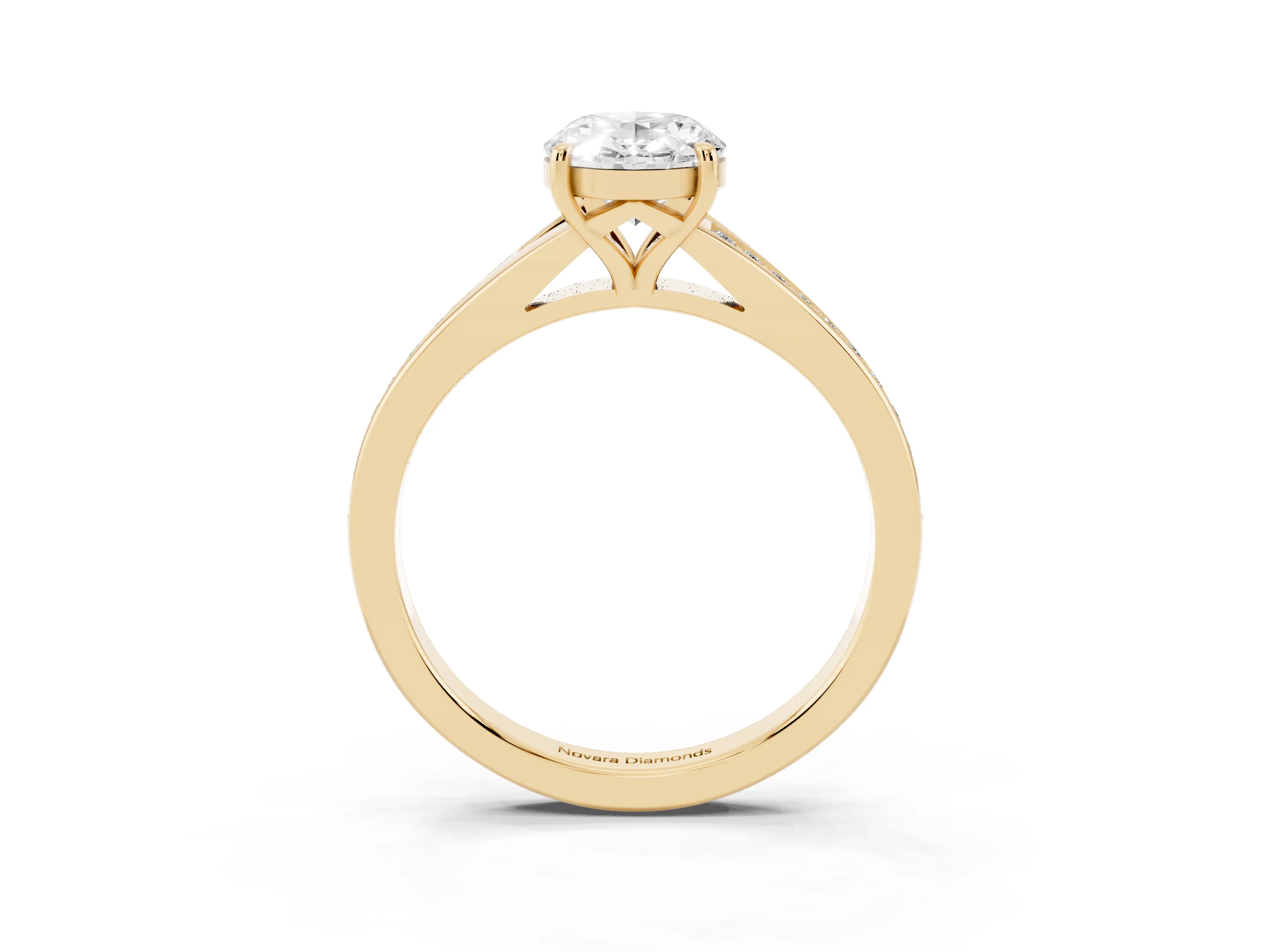 Oval Cut Diamond Solitaire Ring Set in Yellow gold with Pavé Accent Band and Classic Prong Setting