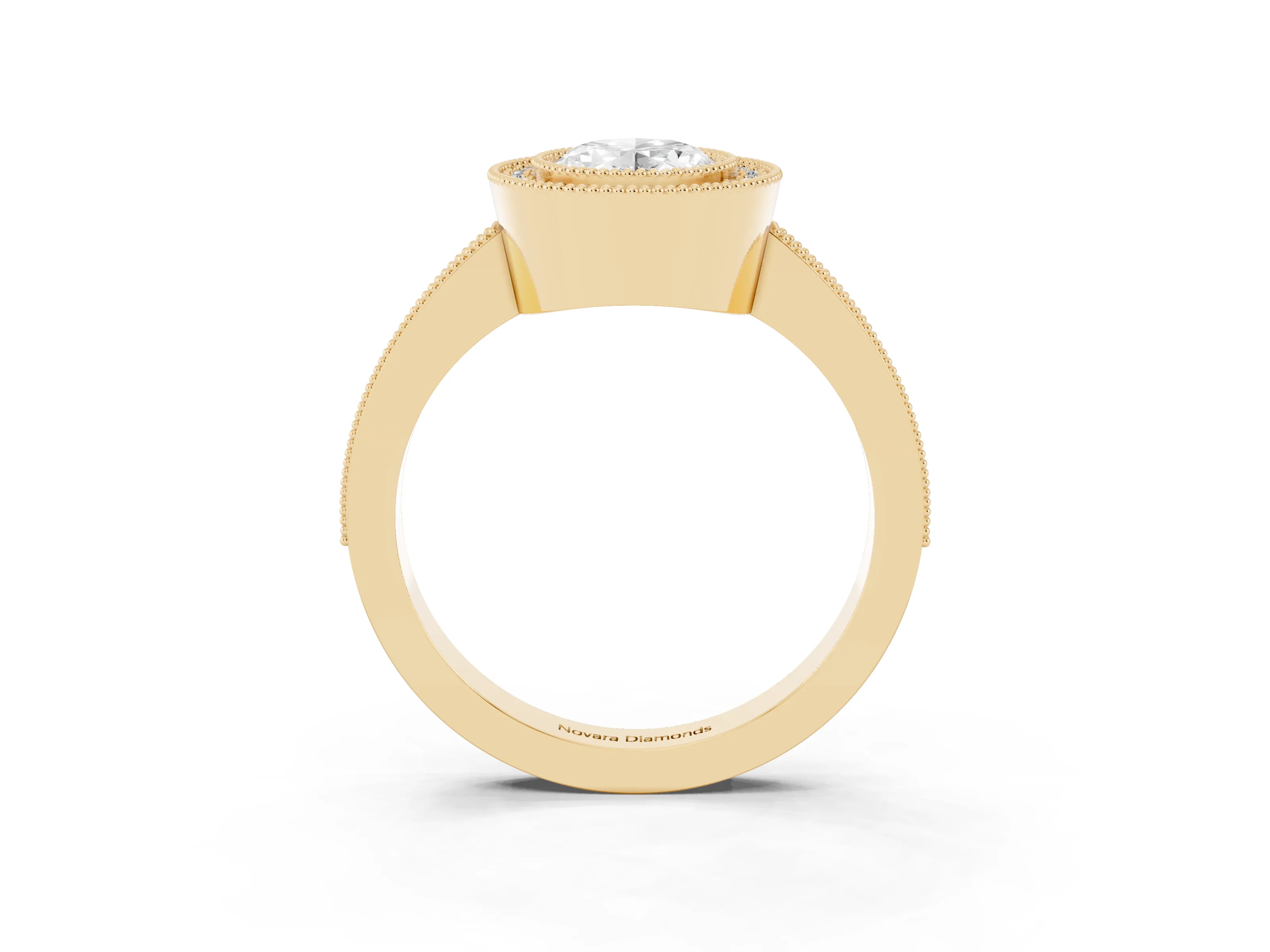 Oval Cut Diamond Halo Engagement Ring Set in Yellow gold with Pavé Band and Round Halo Stones