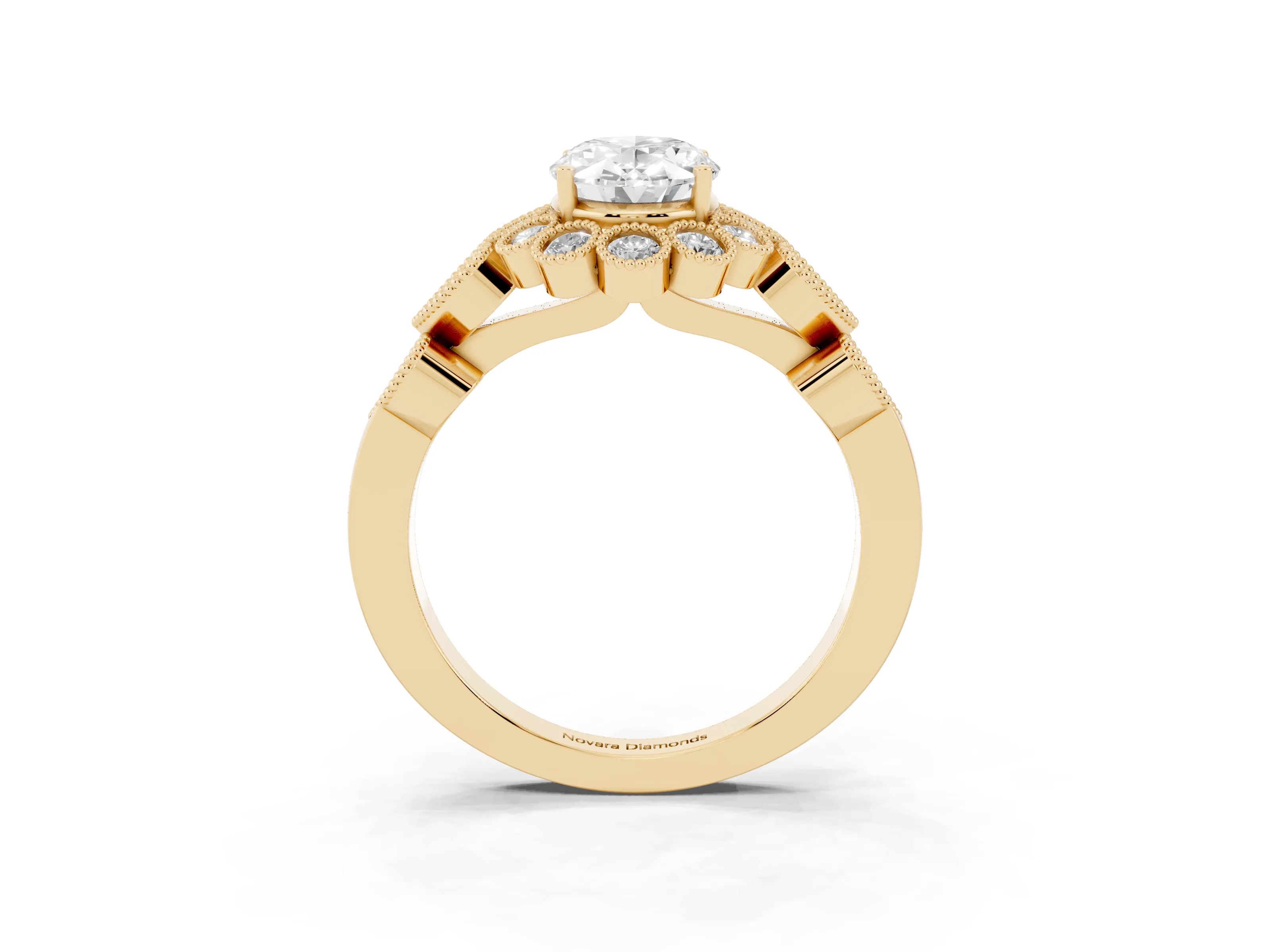 Oval Cut Diamond Solitaire Ring Set in Yellow gold with Milgrain Pavé Heart Band