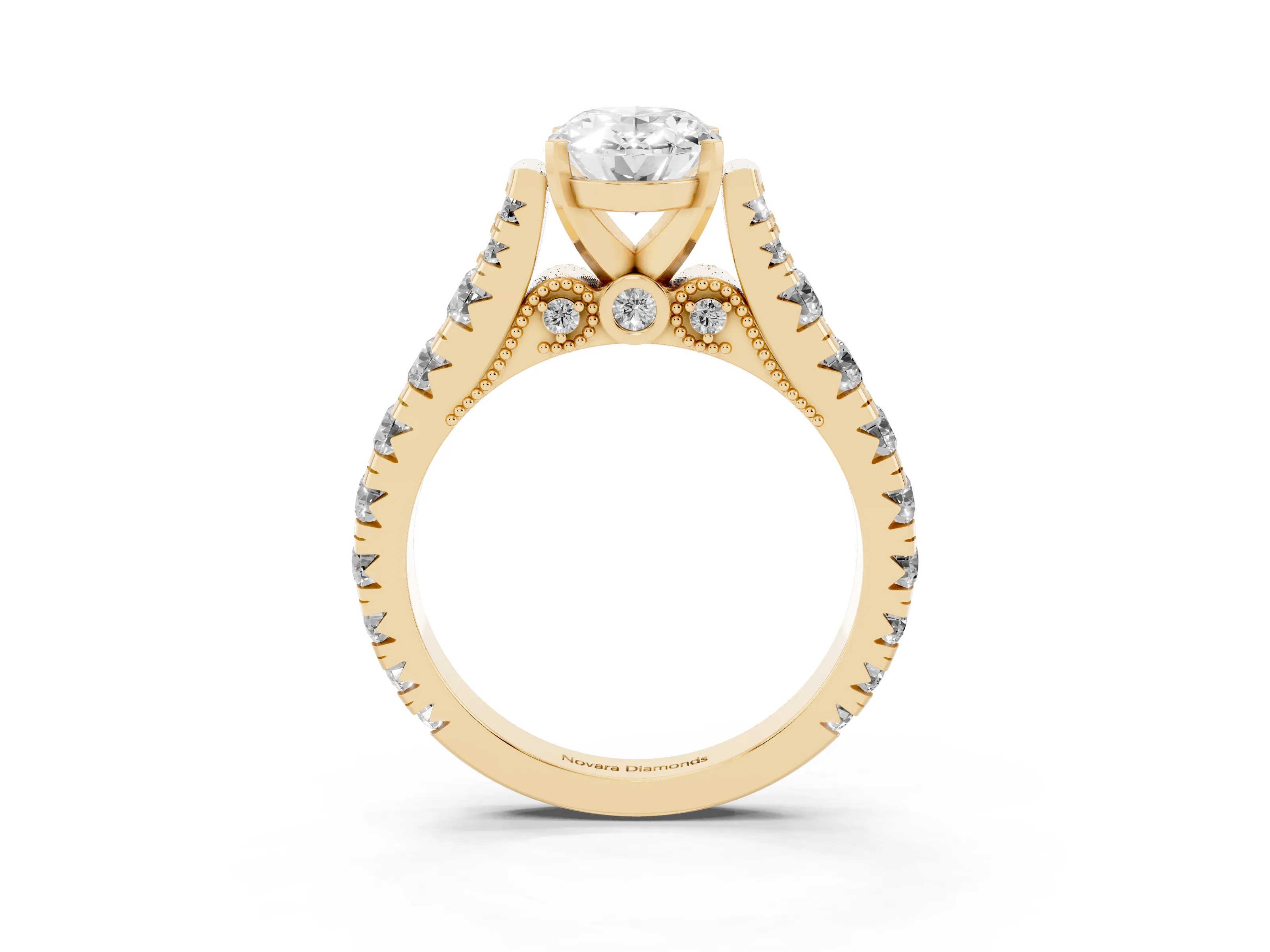Oval Cut Diamond Classic Solitaire Ring Set in Yellow gold with Pavé Band and Prong Setting