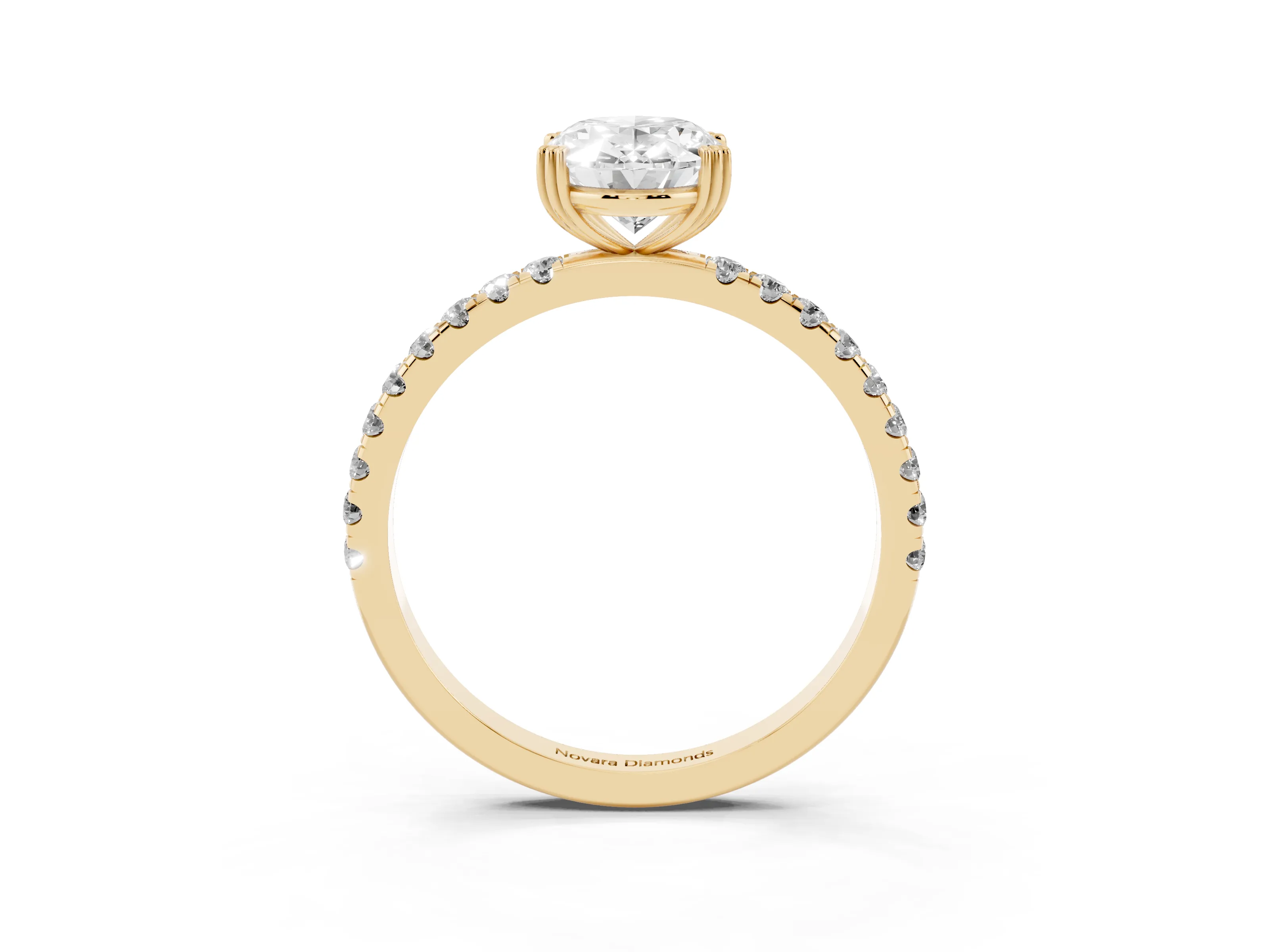Oval Cut Diamond Brilliant Solitaire Set in Yellow gold with Pavé Band and Claw Prong Setting