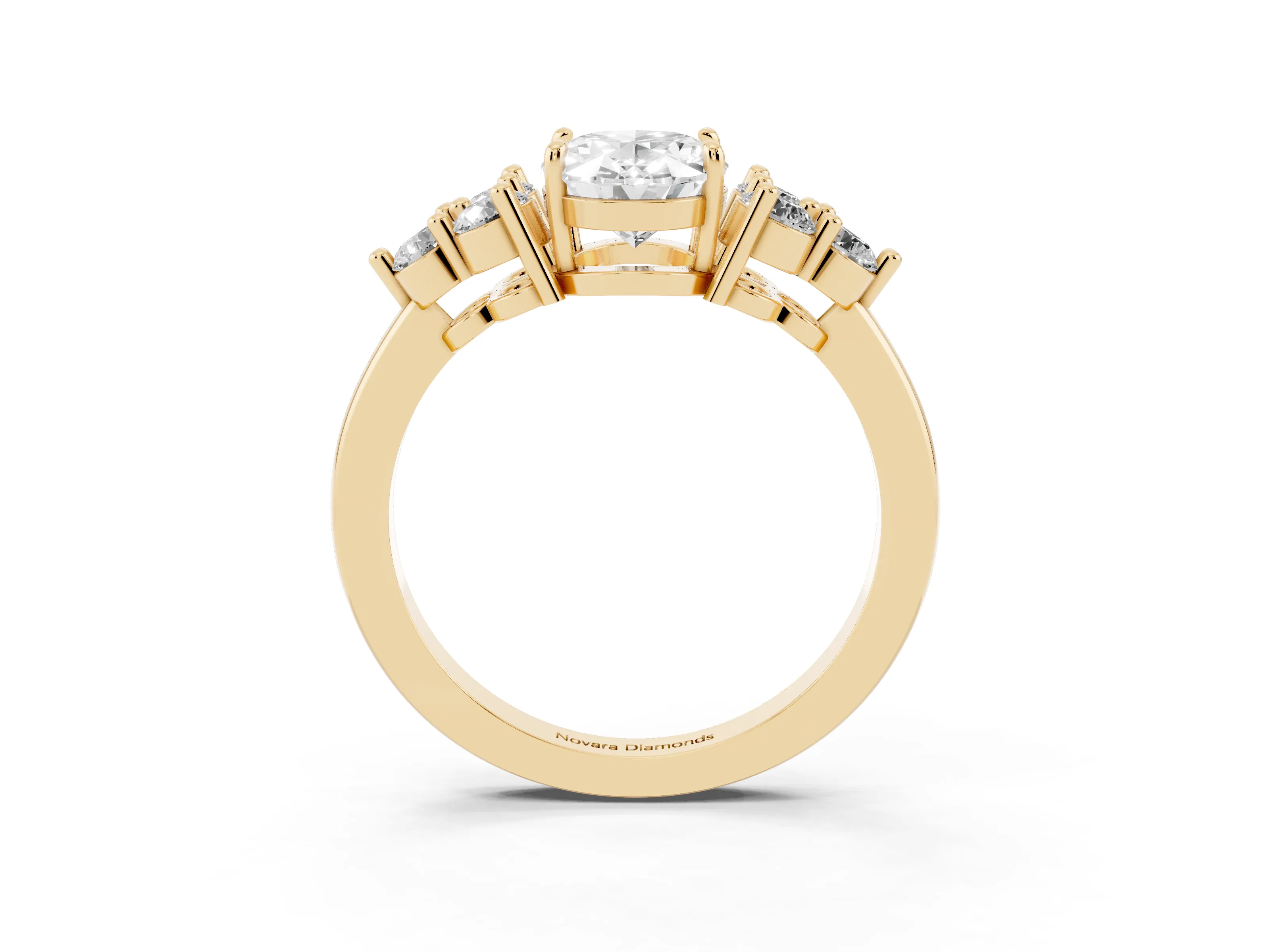 Oval Cut Diamond Solitaire Ring Set in Yellow gold with Cluster Accents on Each Side