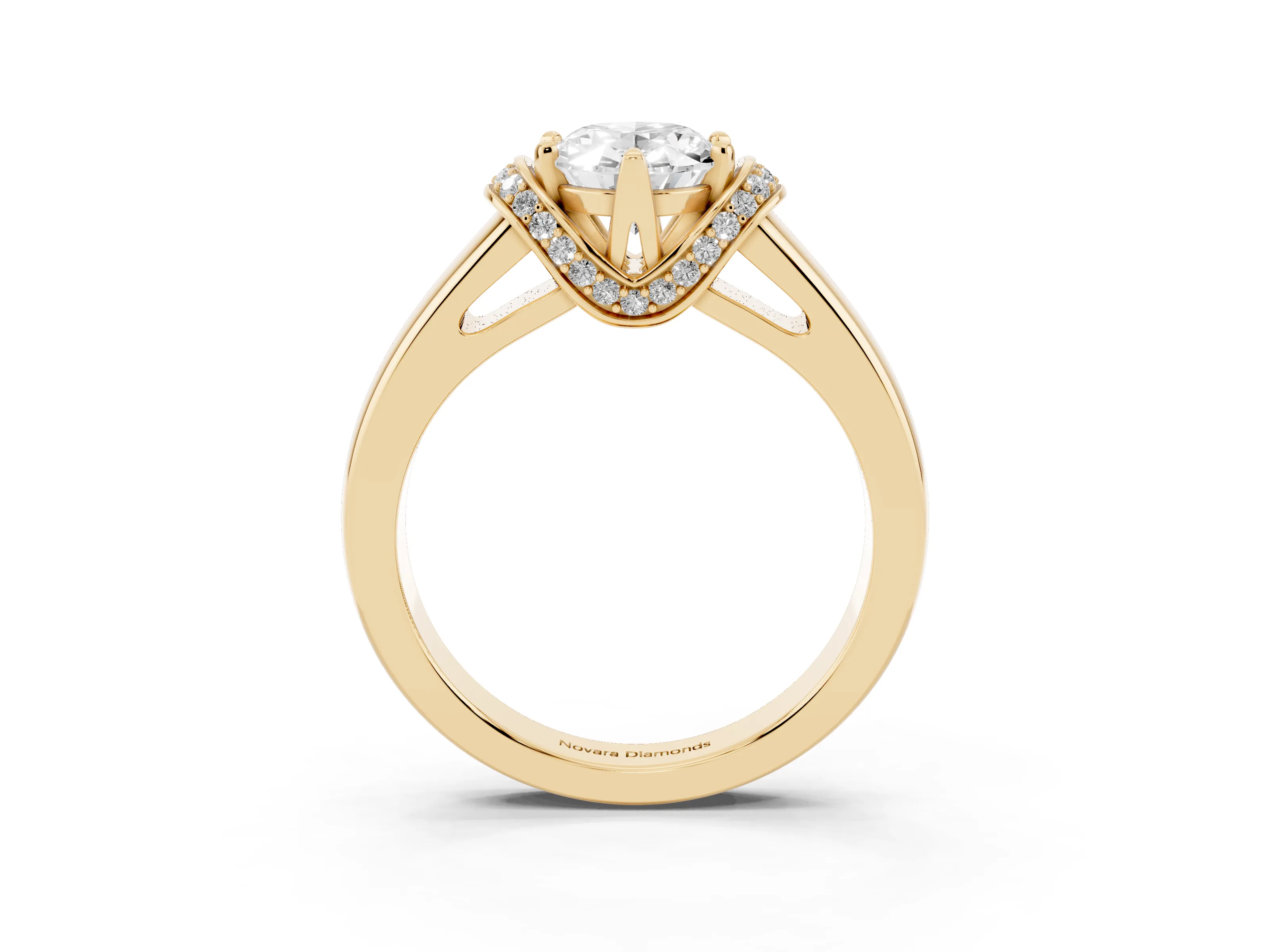 Oval Cut Diamond Pavé Band Solitaire Ring Set in Yellow gold with Prong Setting