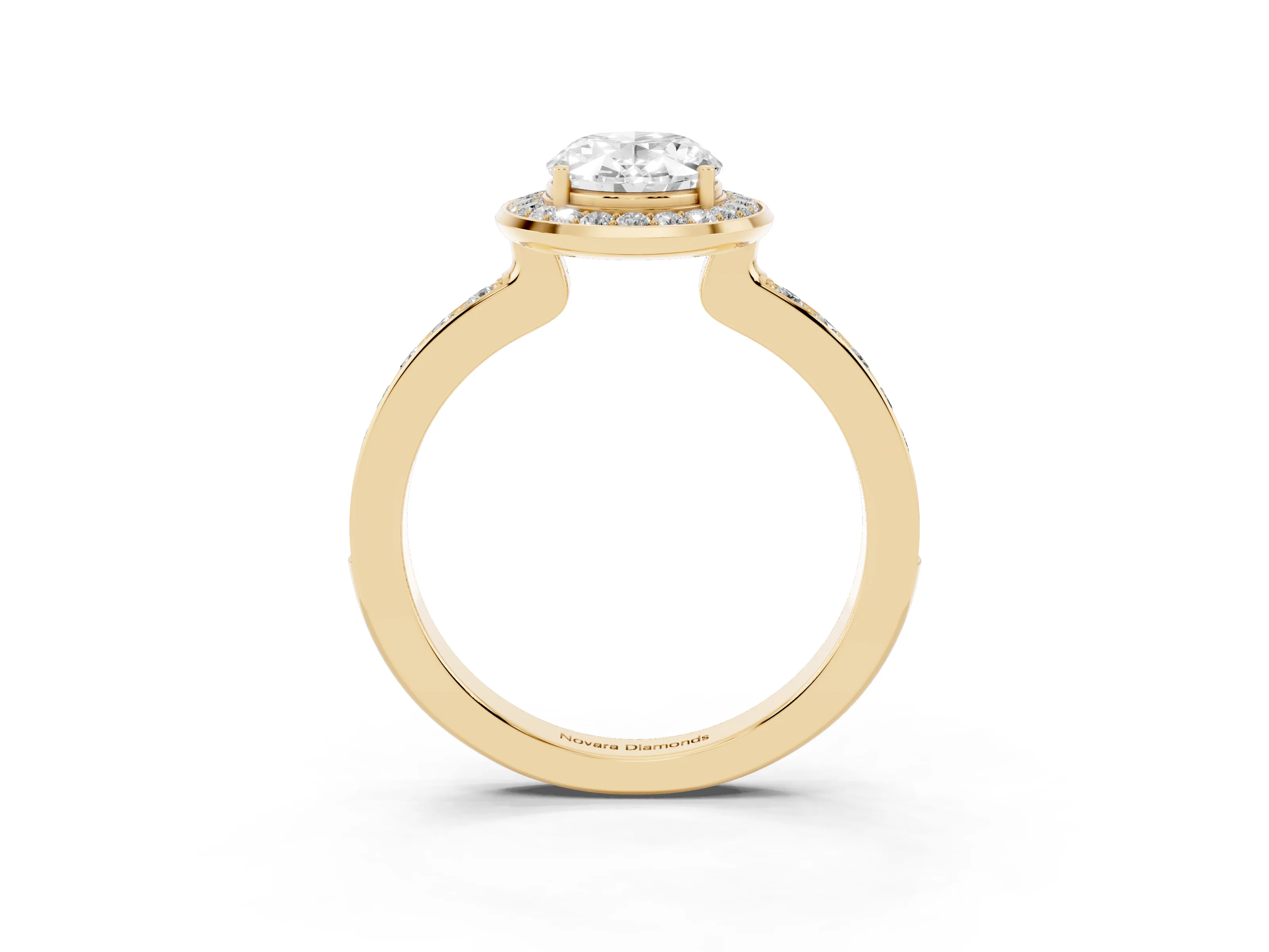 Oval Cut Diamond Halo Ring Set in Yellow gold with Bezel Frame and Pavé Band