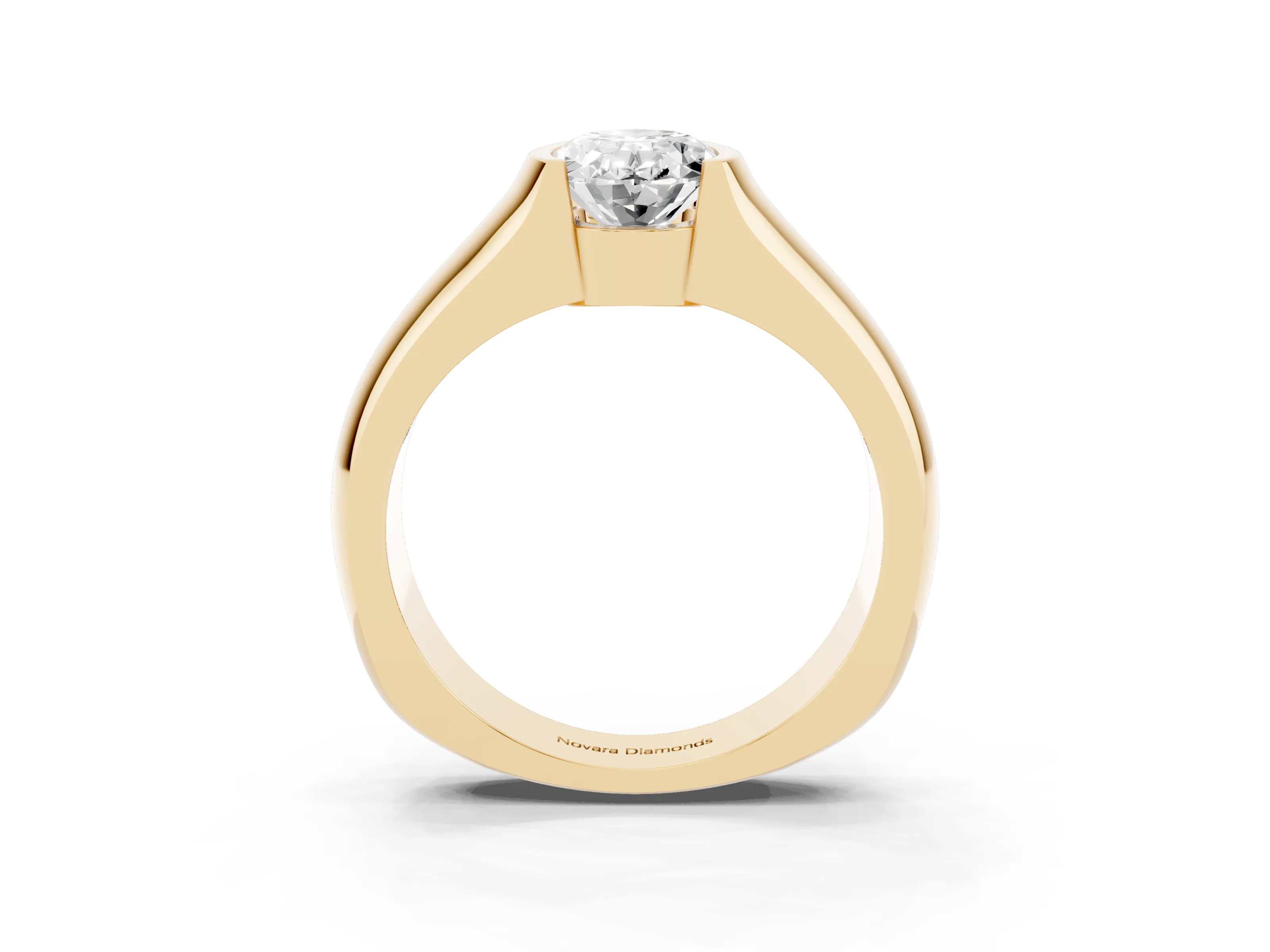 Oval Cut Diamond Bezel Solitaire Ring Set in Yellow gold with Wide Band