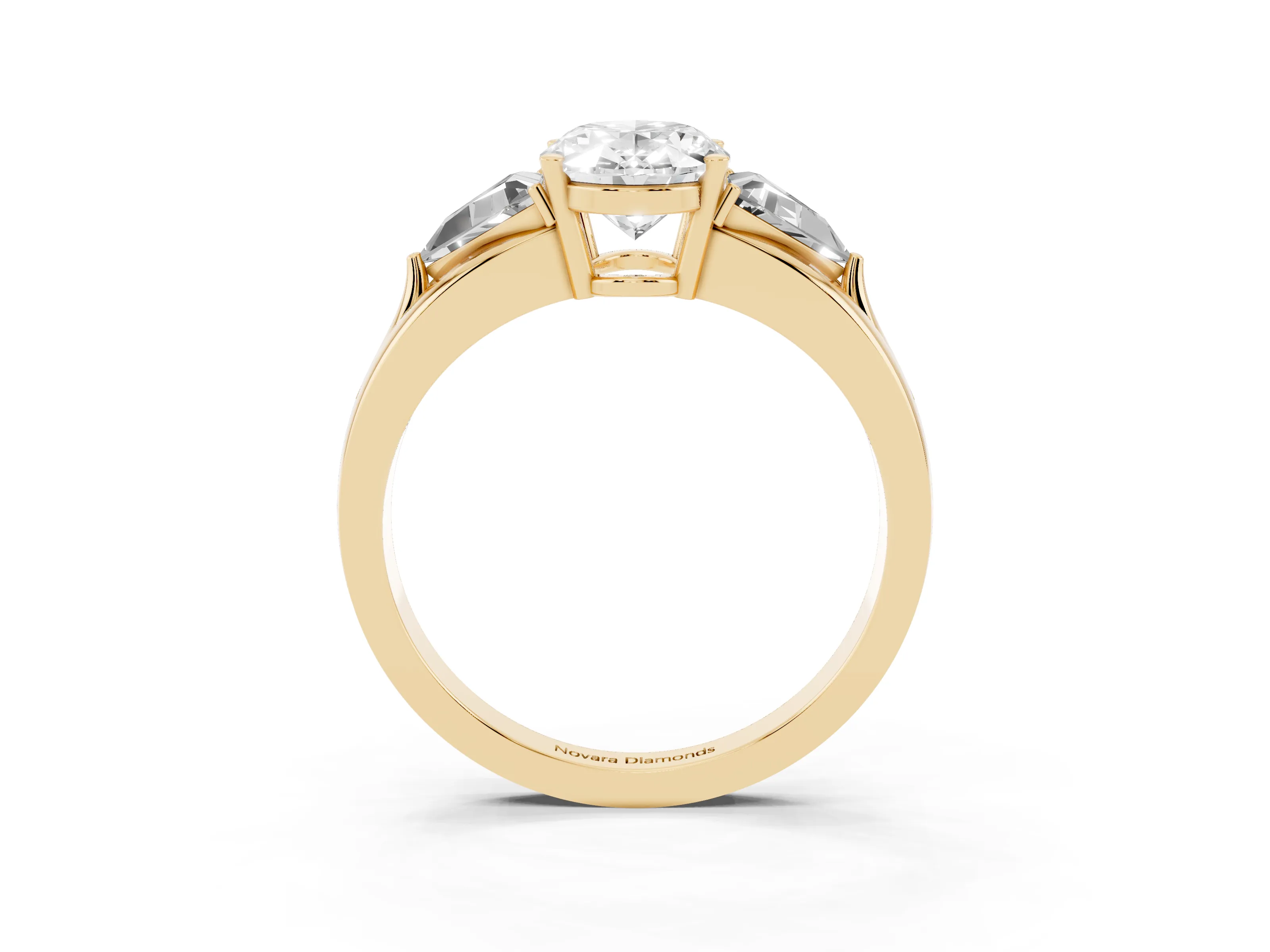 Oval Cut Diamond Three-Stone Ring Set in Yellow gold with Trillion Side Stones and Split Shank