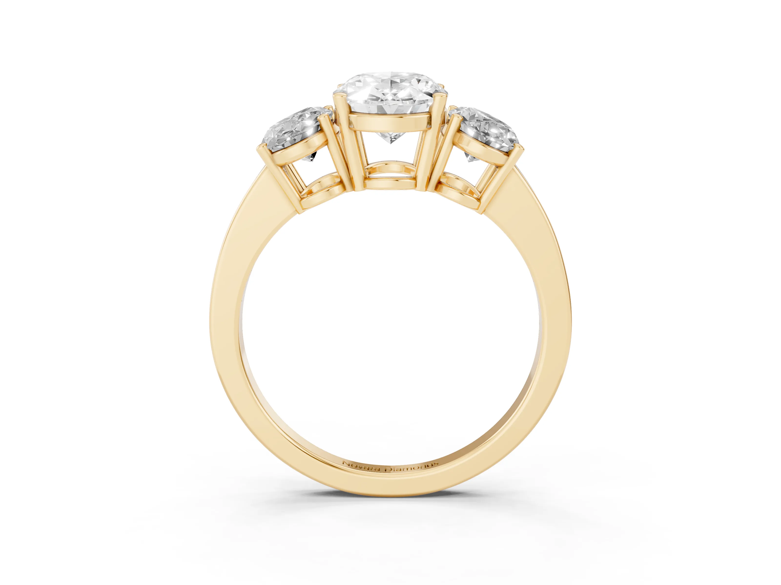 Oval Cut Diamond Three-Stone Engagement Ring Set in Yellow gold with Flat Band