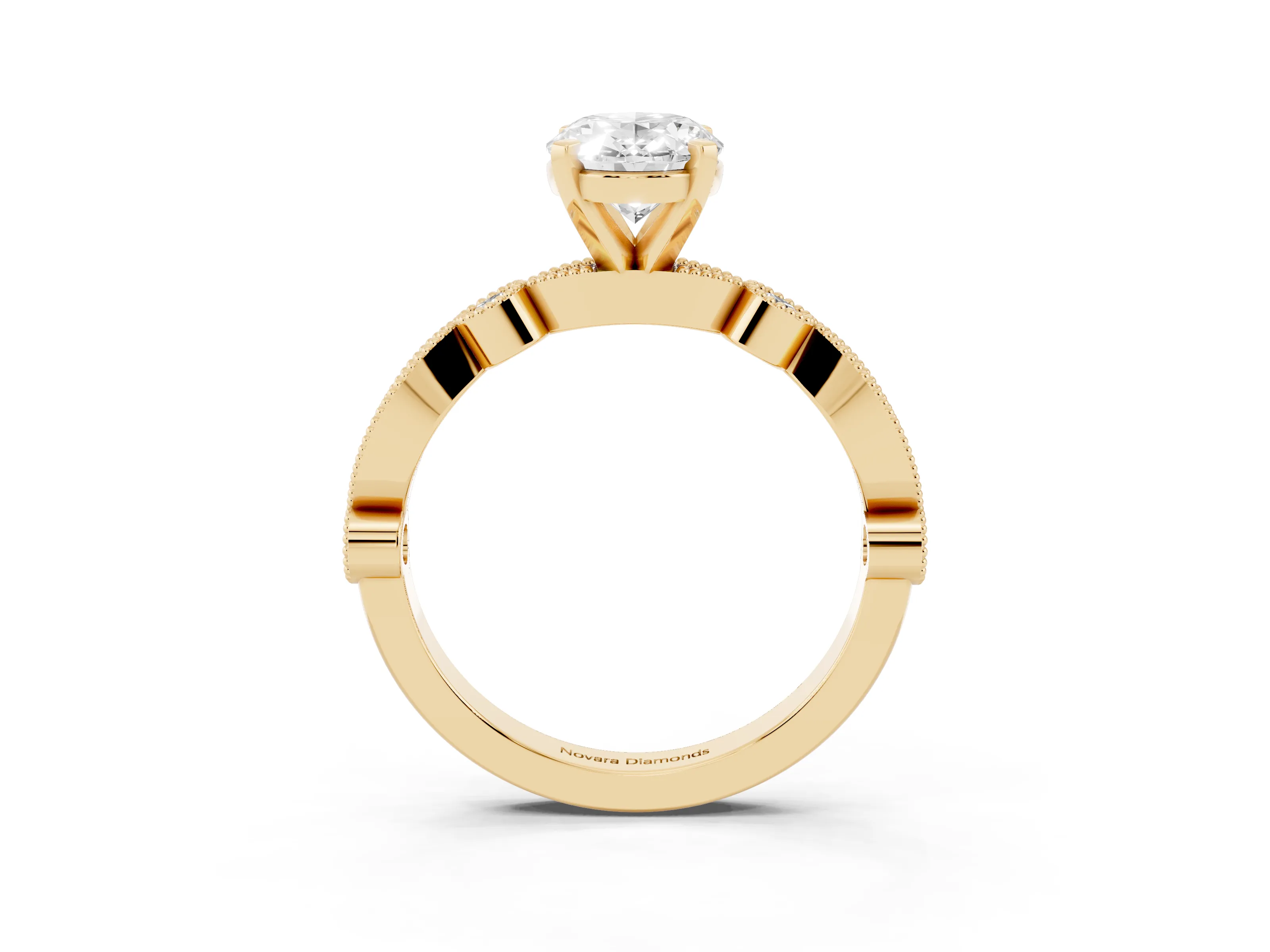 Oval Cut Diamond Solitaire Engagement Ring Set in Yellow gold with Milgrain Bezel Accent Band