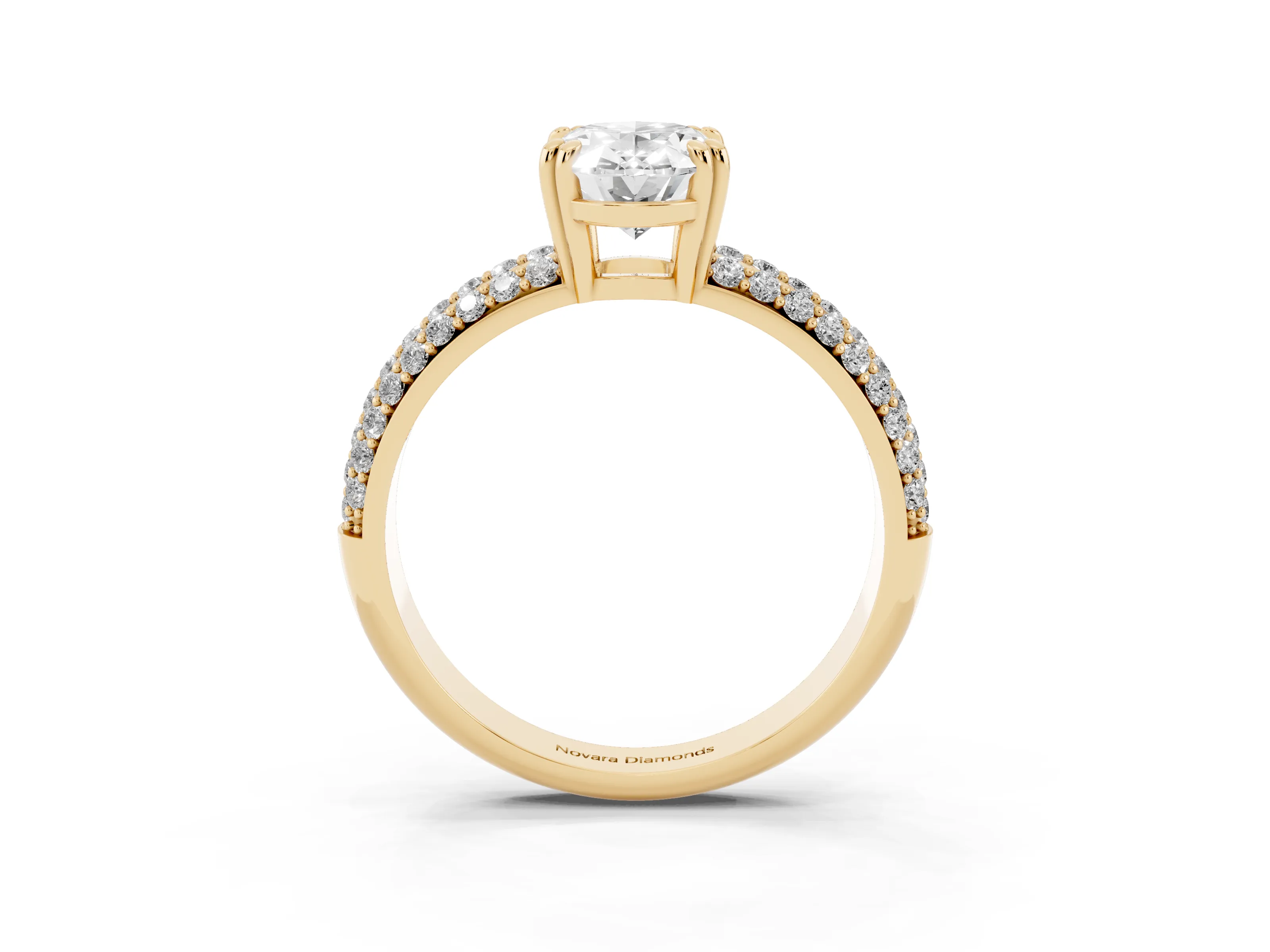 Oval Cut Diamond Solitaire Ring Set in Yellow gold with Multi-Row Round Pavé Band and Prong Setting