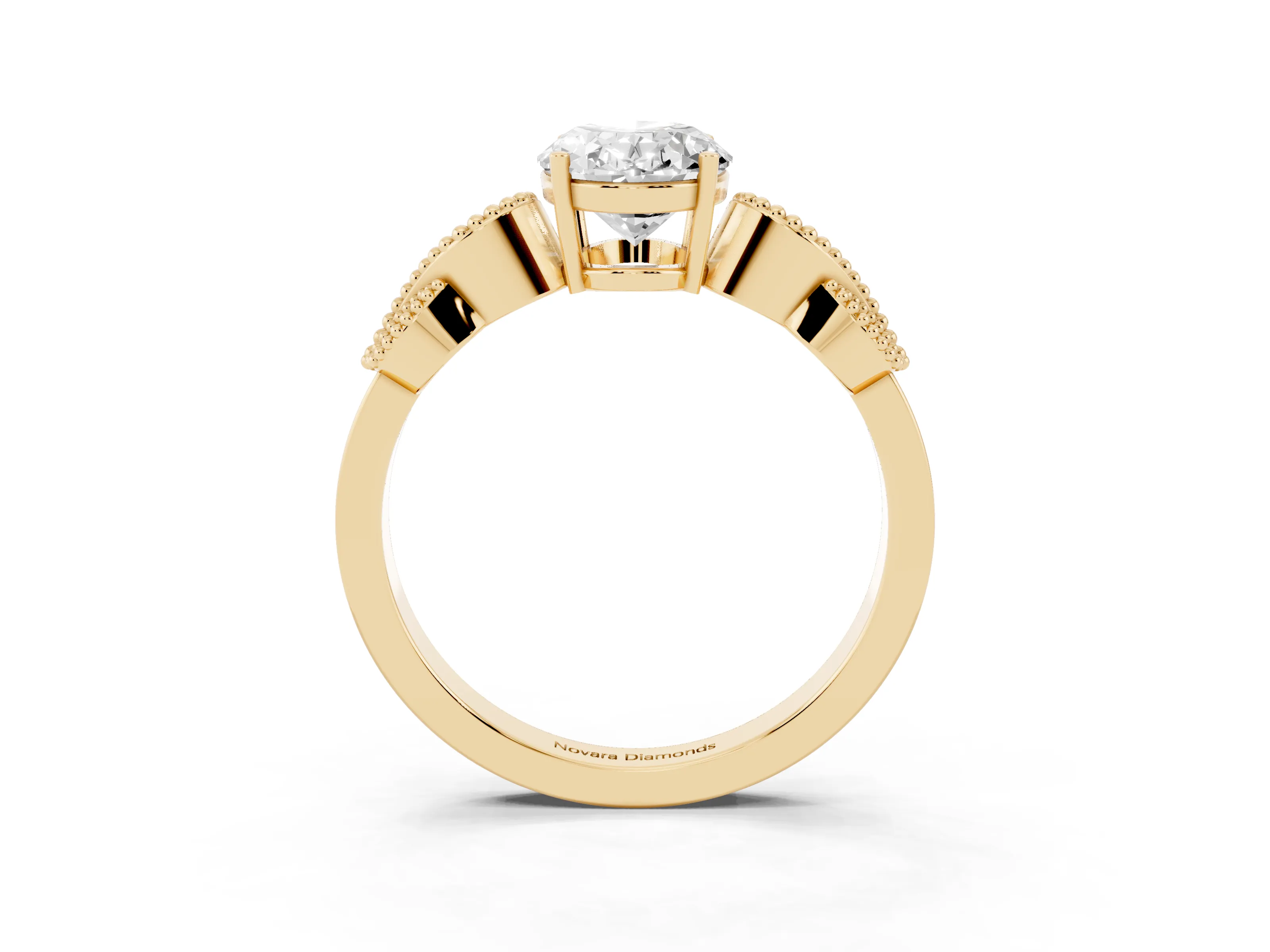 Oval Cut Diamond Milgrain Leaf Band Solitaire Ring Set in Yellow gold with Accent Stones and Prong Setting