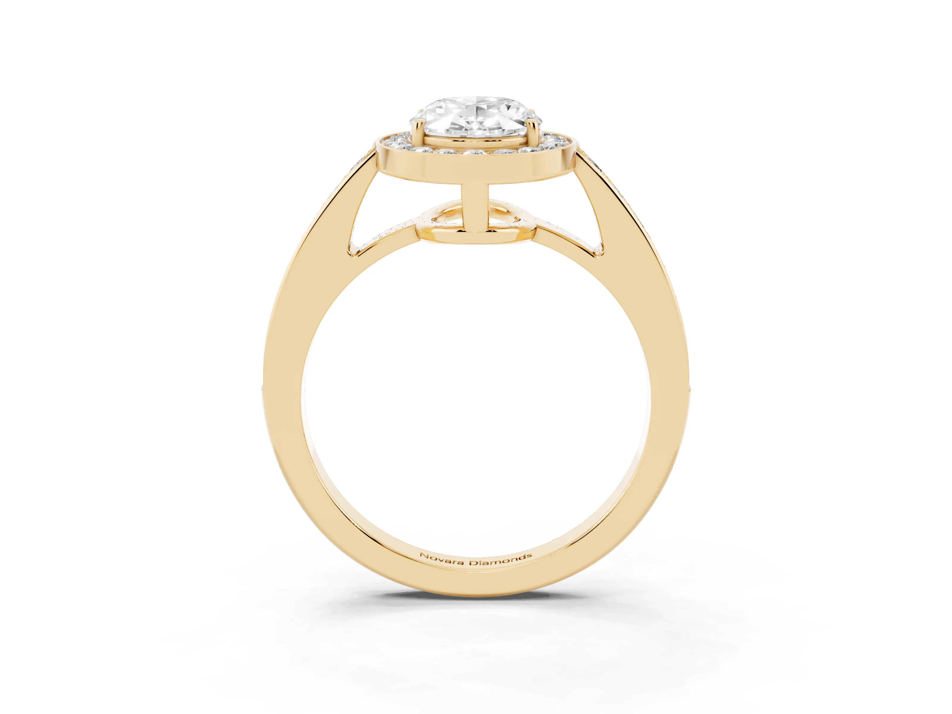 Oval Cut Diamond Halo Pavé Engagement Ring Set in Yellow gold with Bezel Setting