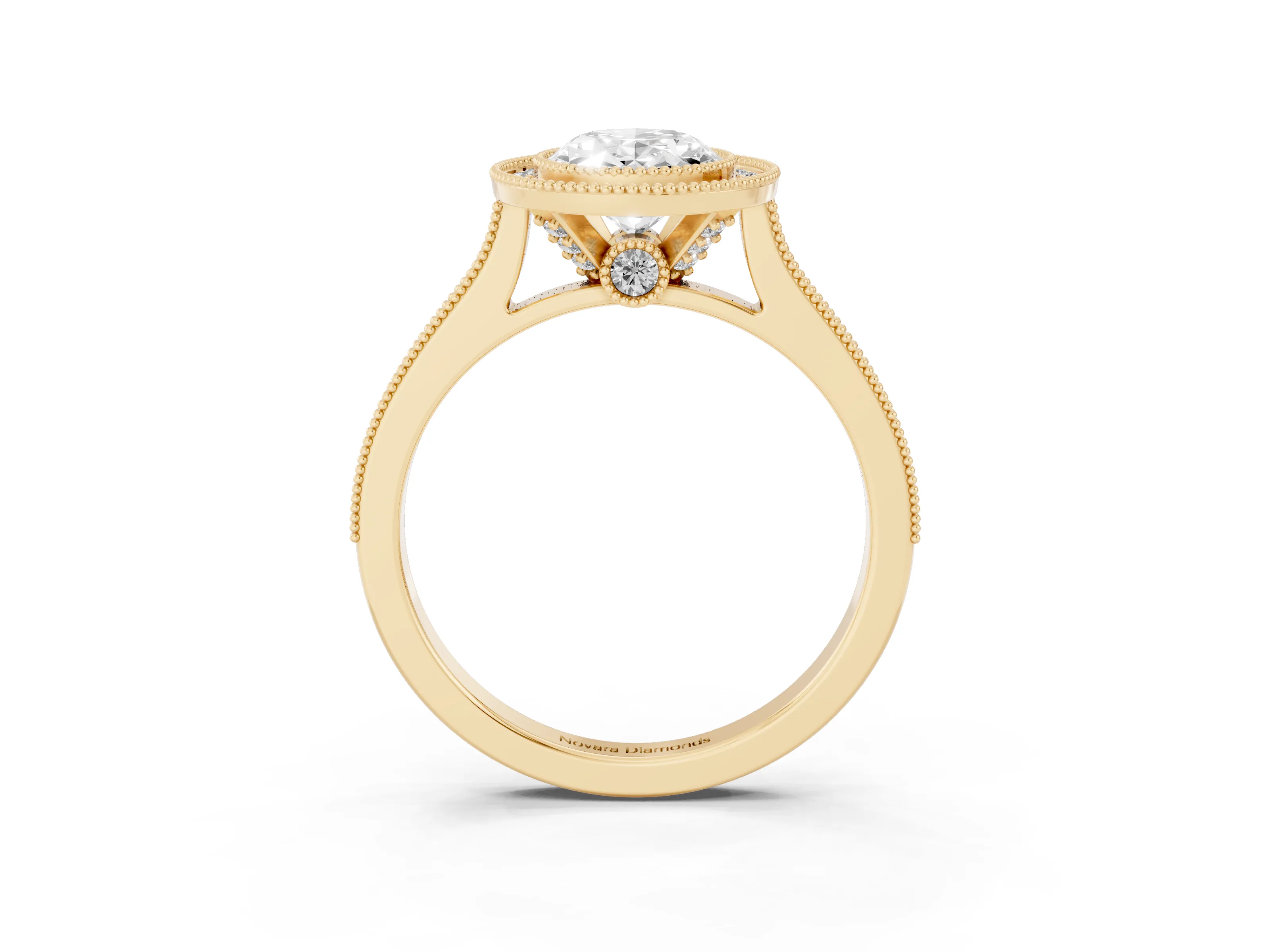 Oval Cut Diamond Halo Milgrain Pavé Band Ring Set in Yellow gold with Prong Setting