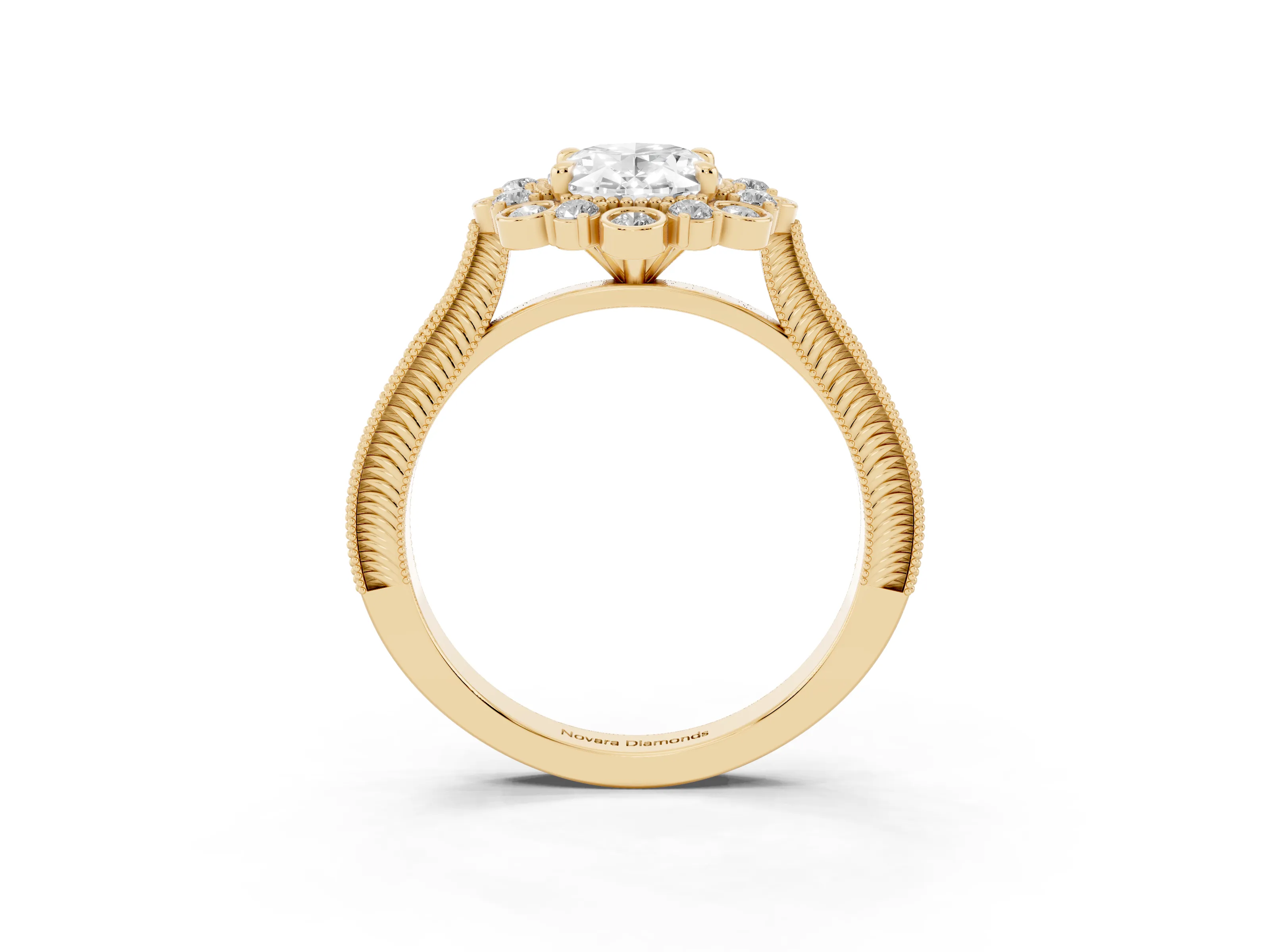 Oval Cut Diamond Halo Milgrain Pavé Ring Set in Yellow gold with Prong Setting