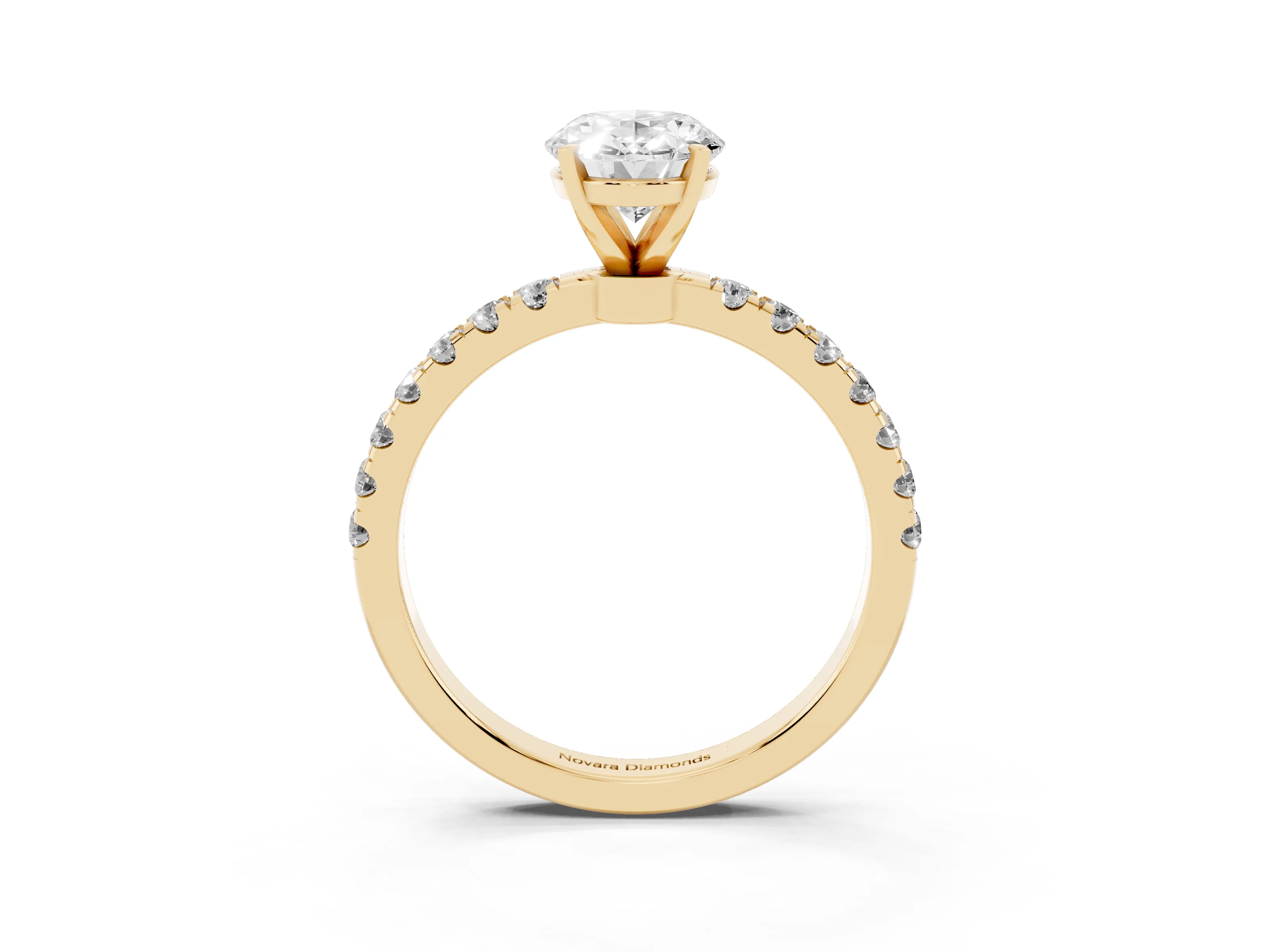 Oval Cut Diamond Solitaire Ring Set in Yellow gold with Pavé Accents and Prong Setting