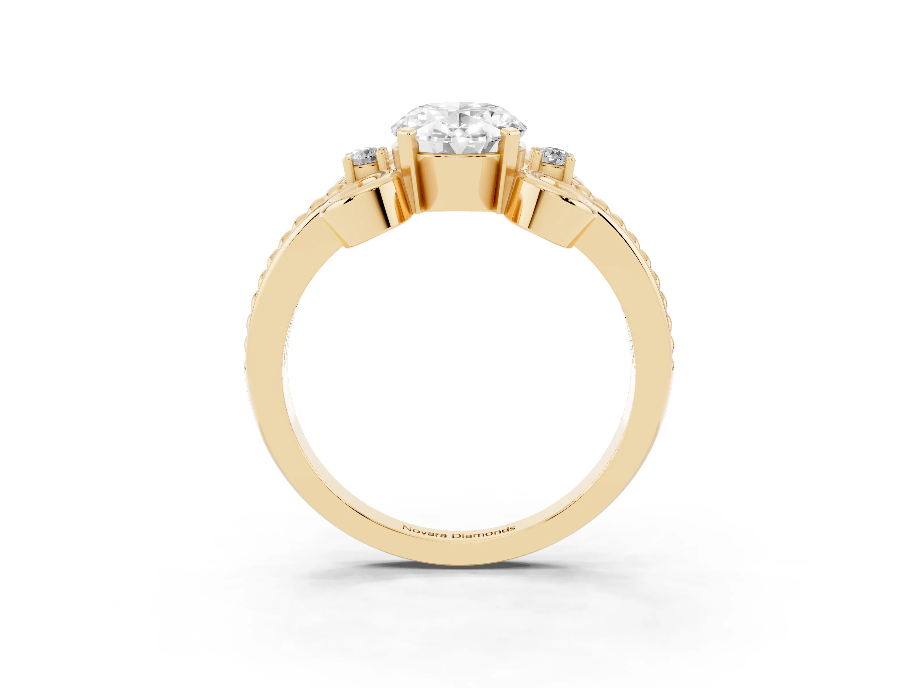 Oval Cut Diamond Twisted Band Solitaire Ring Set in Yellow gold with Scroll Prongs