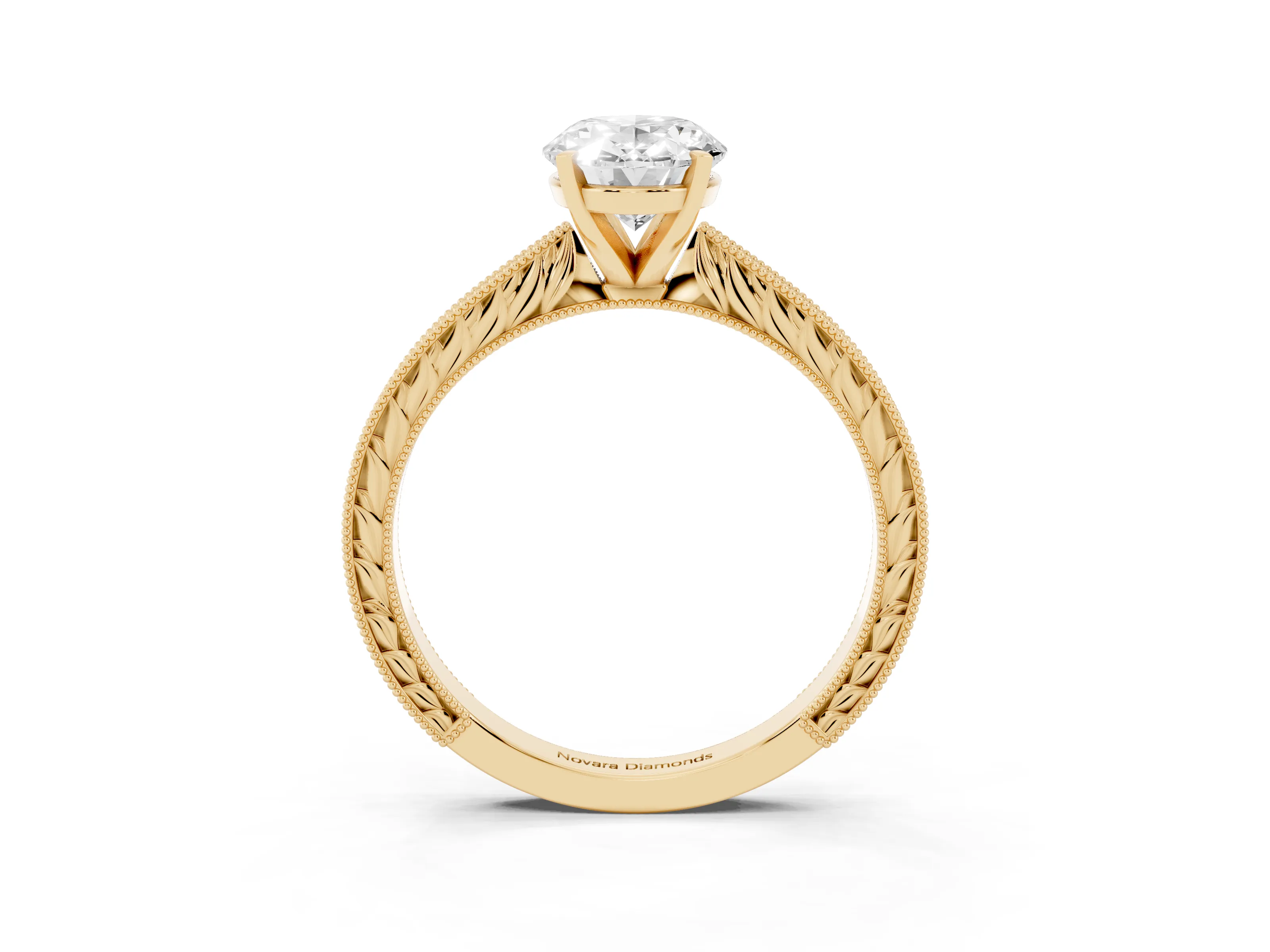 Oval Cut Diamond Solitaire Milgrain Engraved Band Set in Yellow gold with Prong Setting